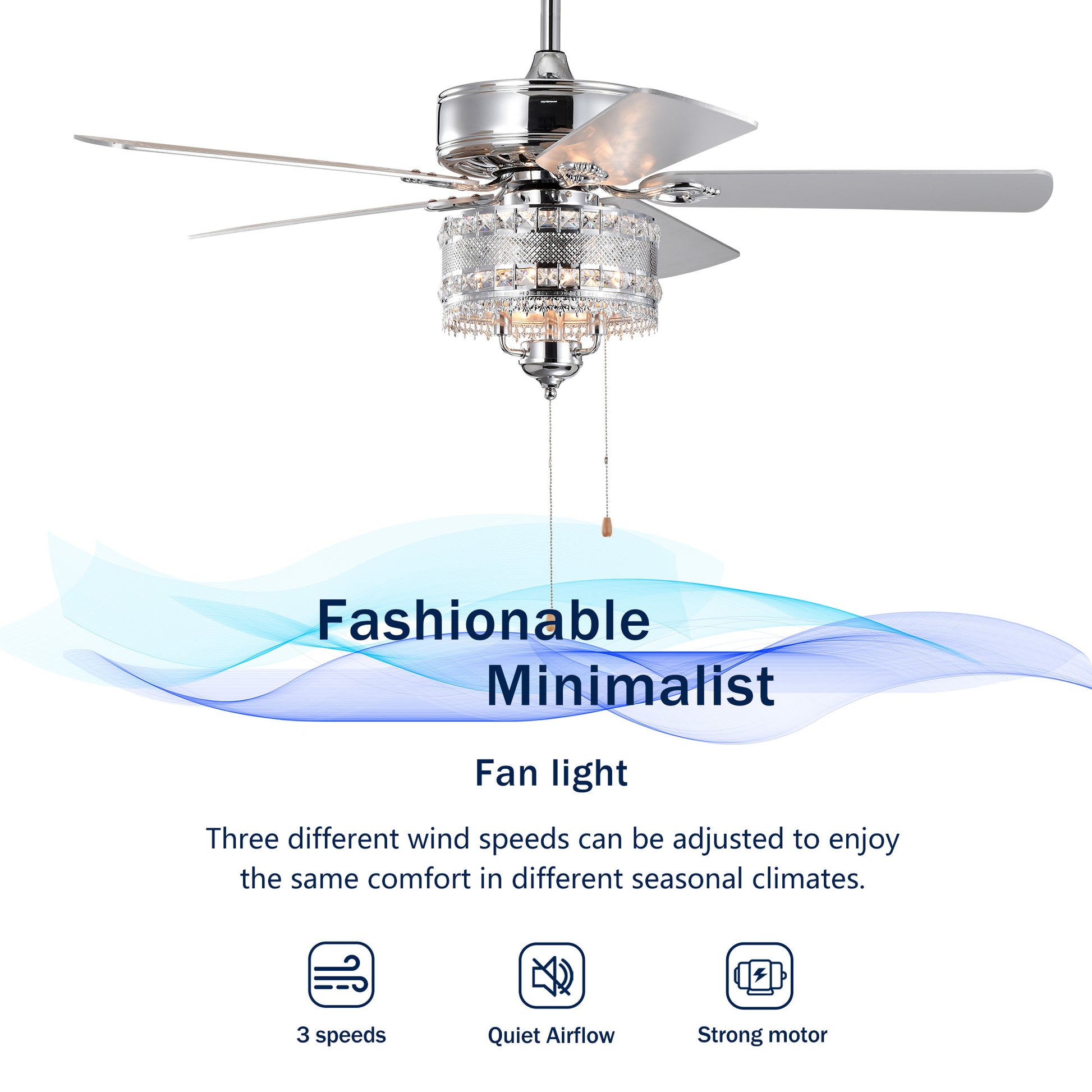 Chrome flush mount ceiling fan with crystal accents and silver blades