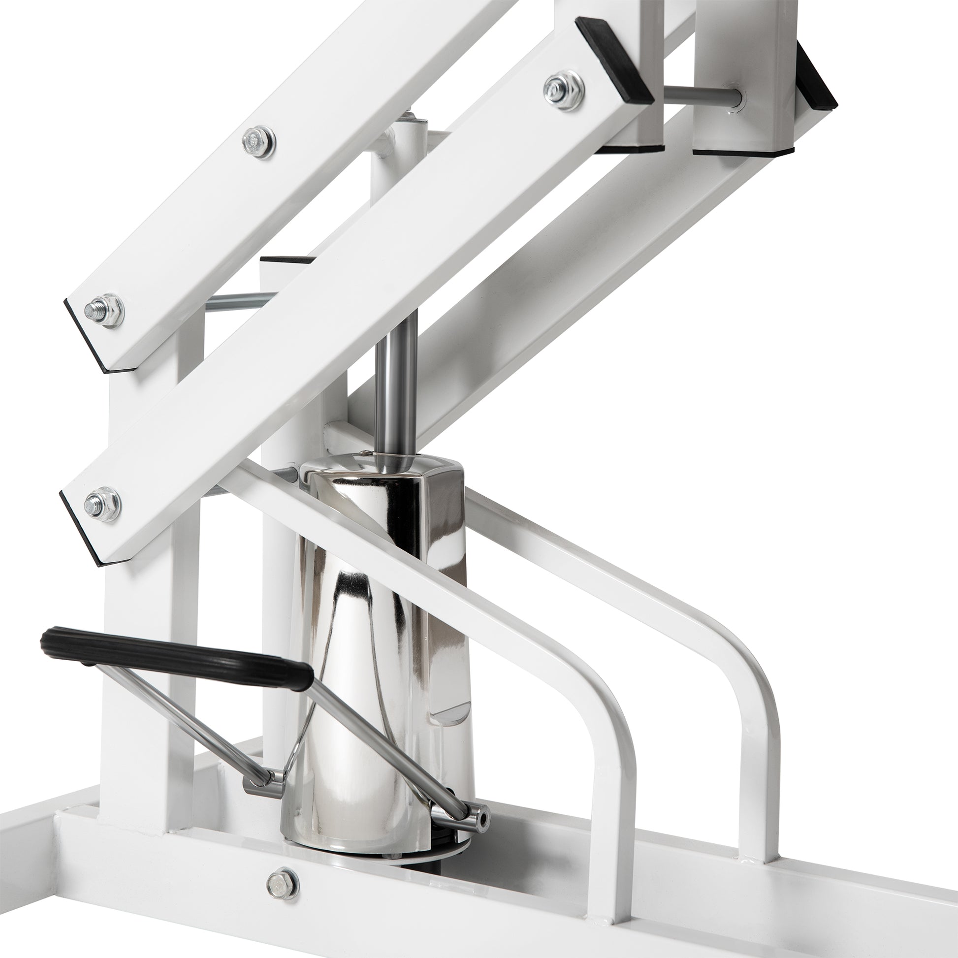 Closeup of a white scissor lift mechanism with a chrome hydraulic cylinder and black handle