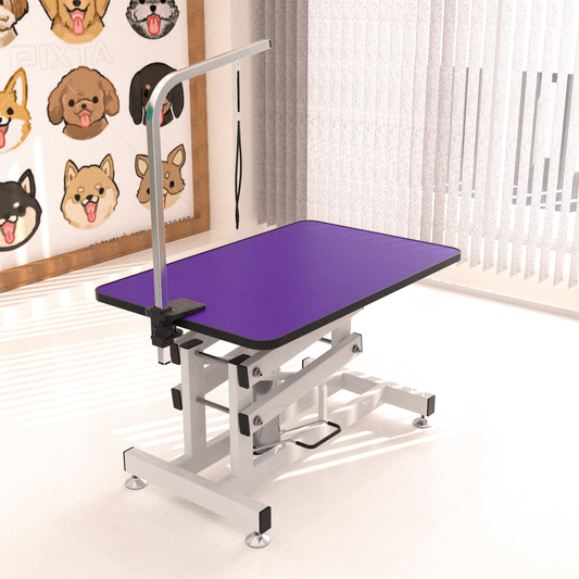 Adjustable purple grooming table with stainless steel arm and leash
