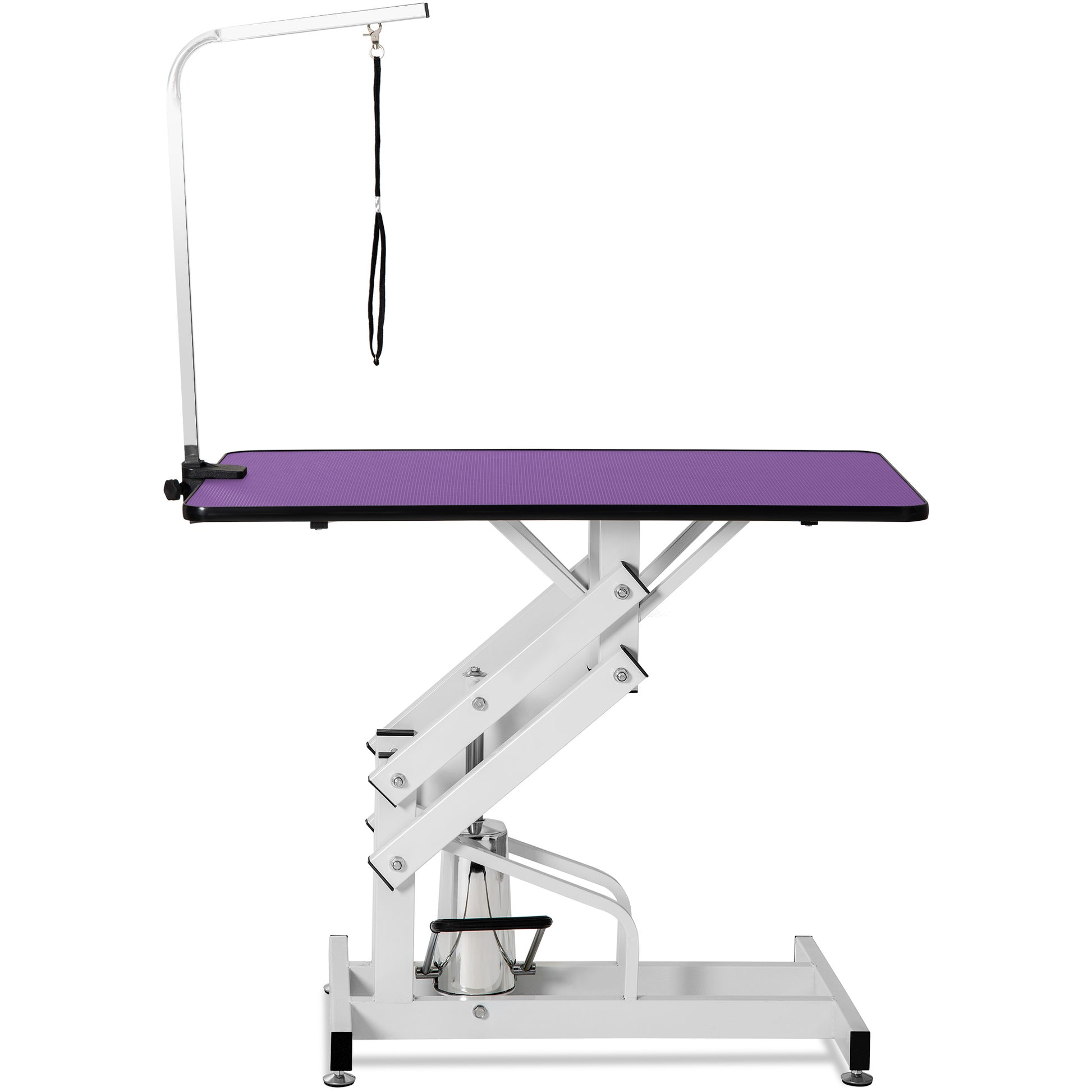 Purple hydraulic pet grooming table with adjustable arm and leash