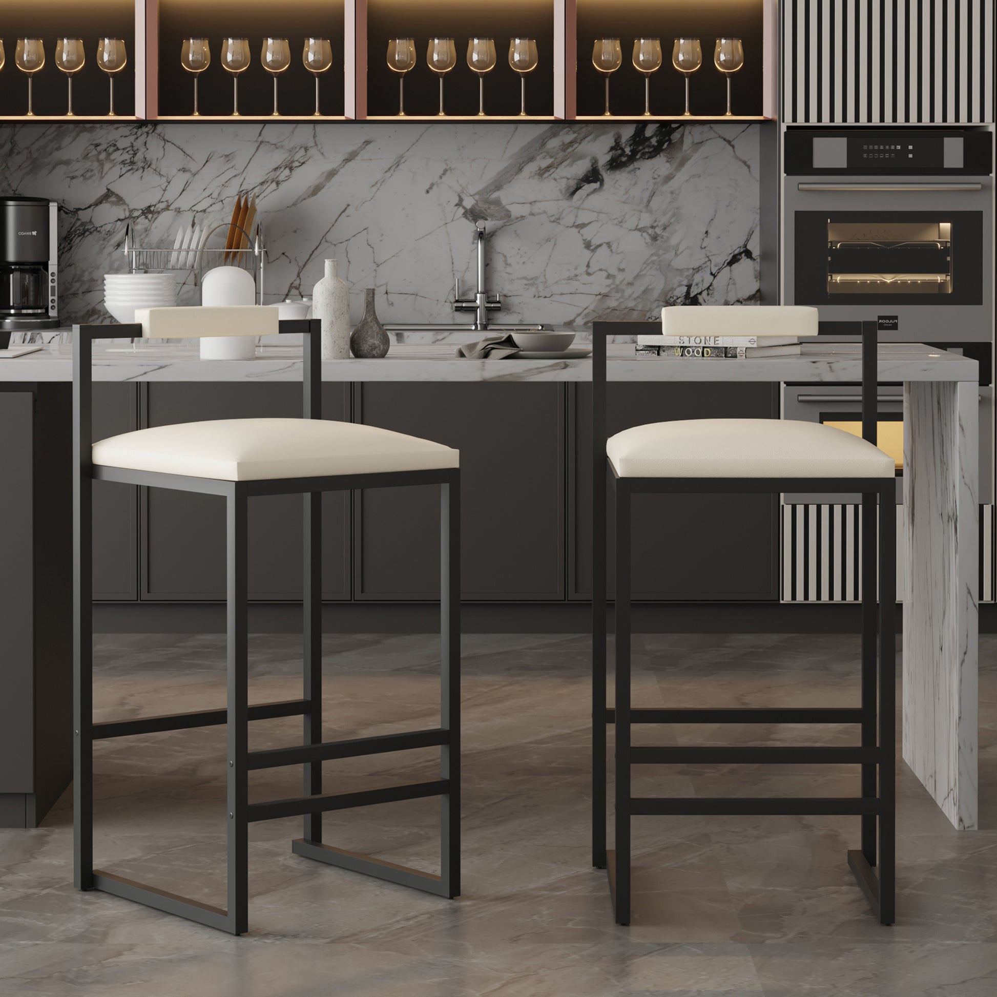 Modern black bar stool with cream padded seat and backrest for kitchen islands