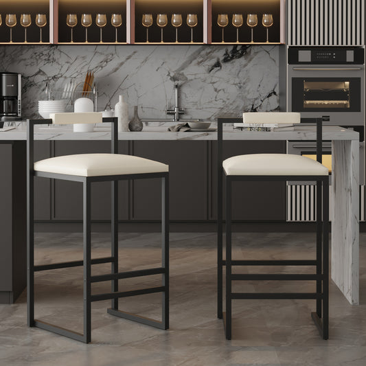 Modern black bar stool with cream padded seat and backrest for kitchen islands