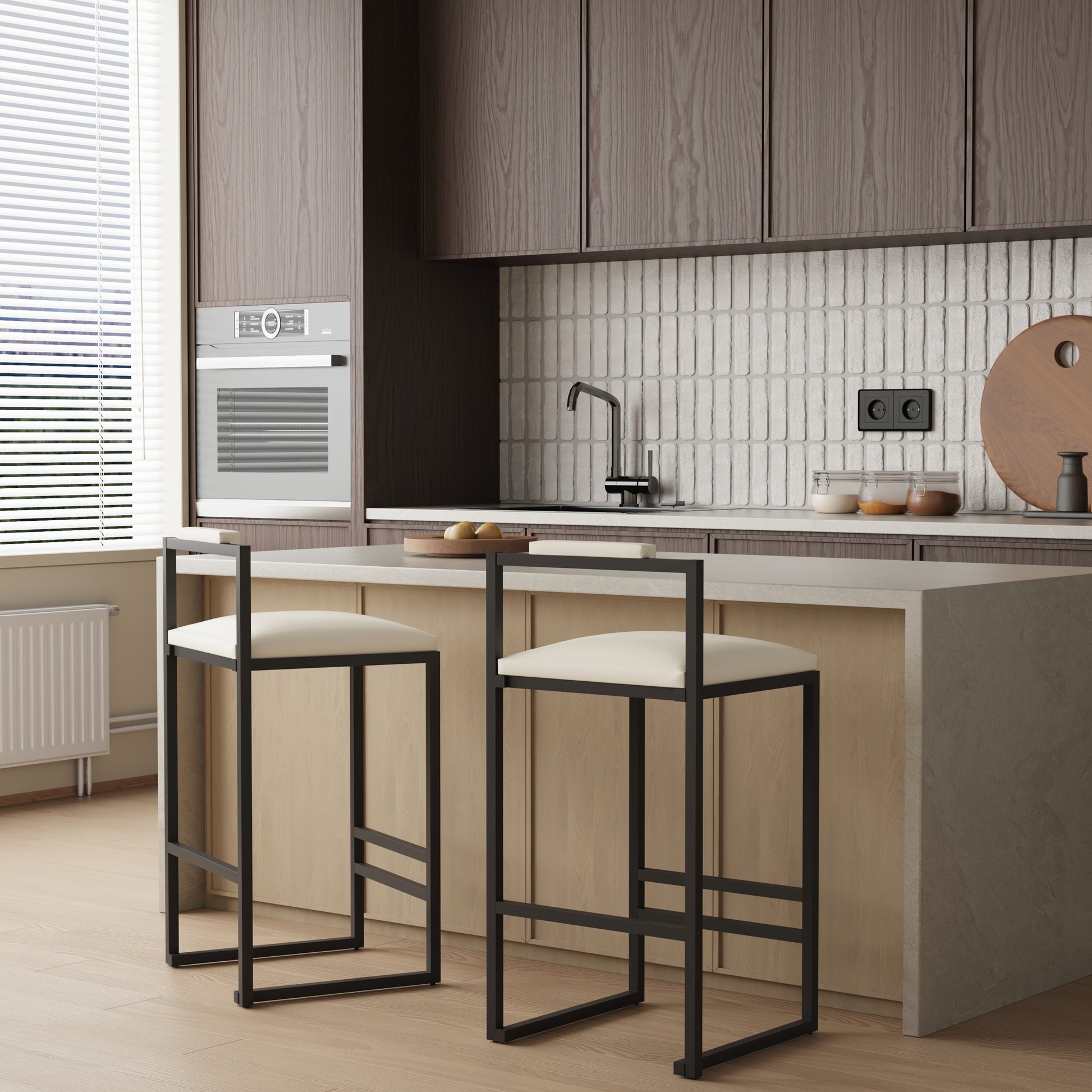 Modern minimalist bar stool with cream cushion and black metal frame for kitchen island seating