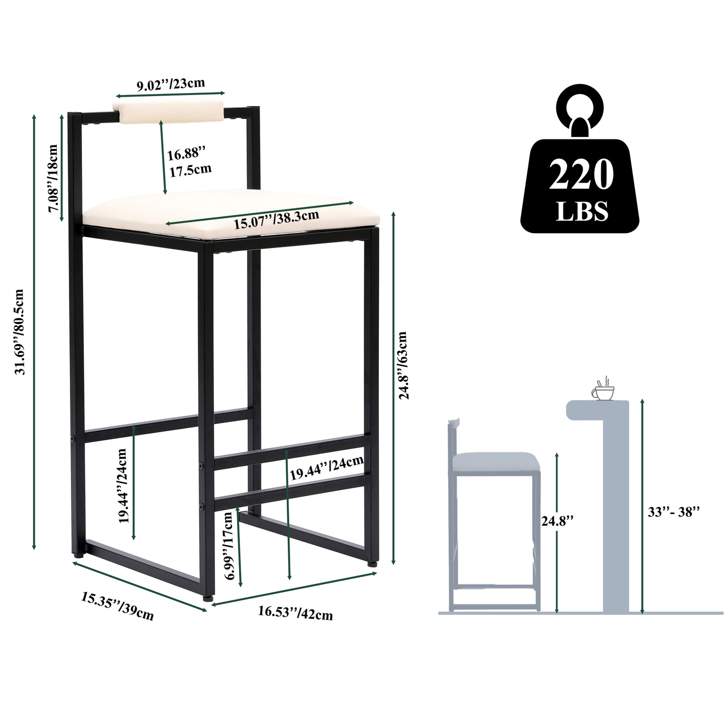 Black metal bar stool with cream upholstered seat and backrest ideal for kitchens