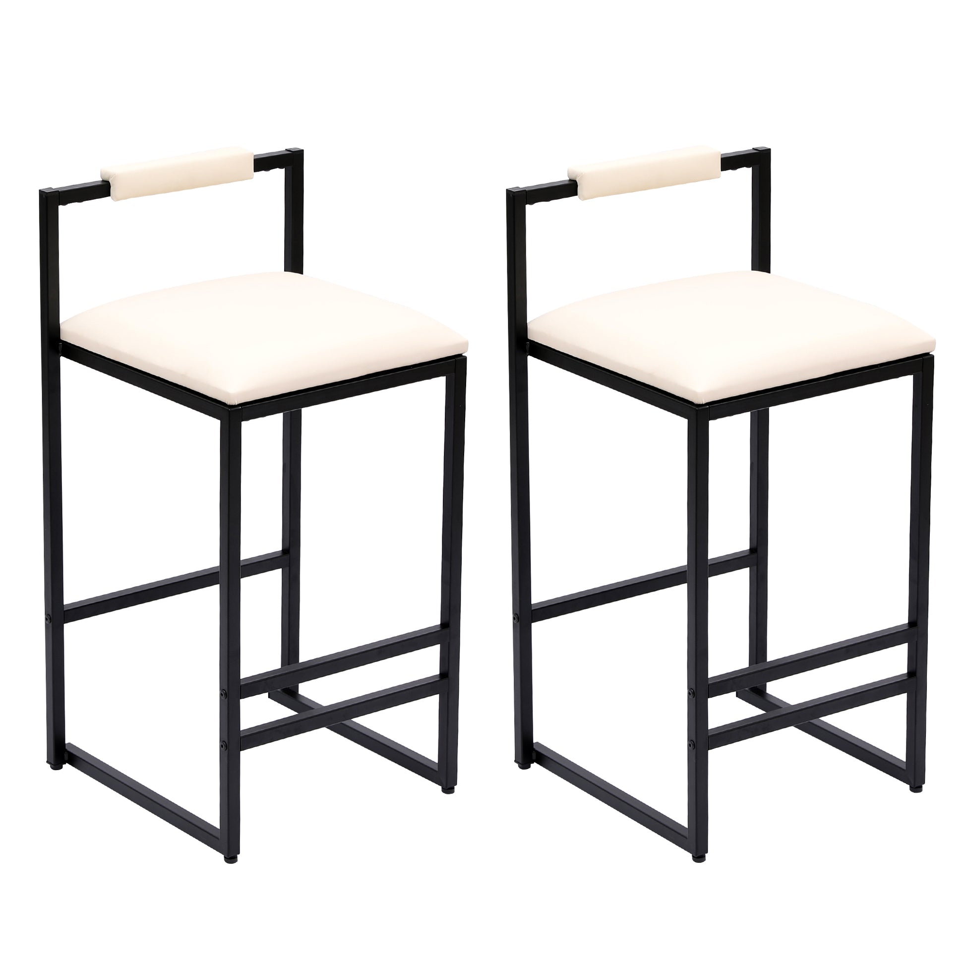 Two modern white leather bar stools with black metal frames and footrests