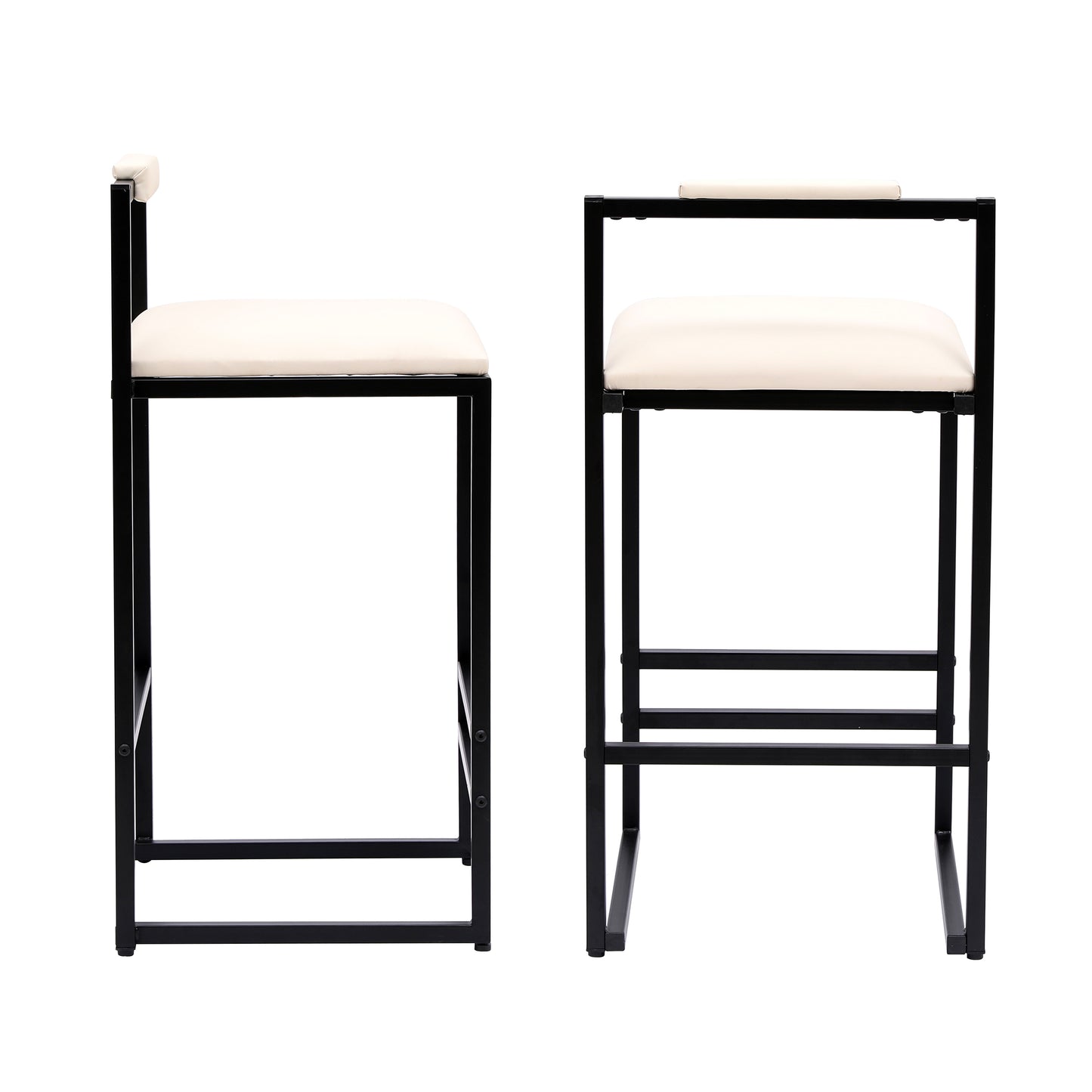 Modern black metal bar stool with a cream upholstered seat and backrest