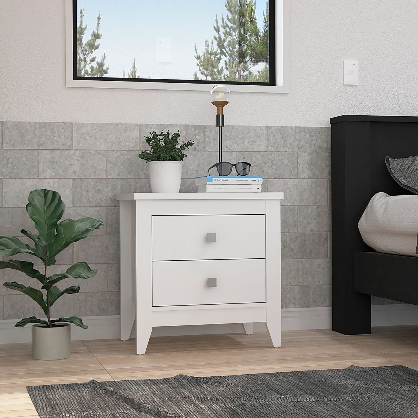 White twodrawer nightstand with modern square pulls ideal for bedroom storage