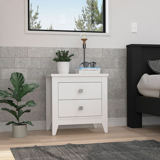 White twodrawer nightstand with modern square pulls ideal for bedroom storage