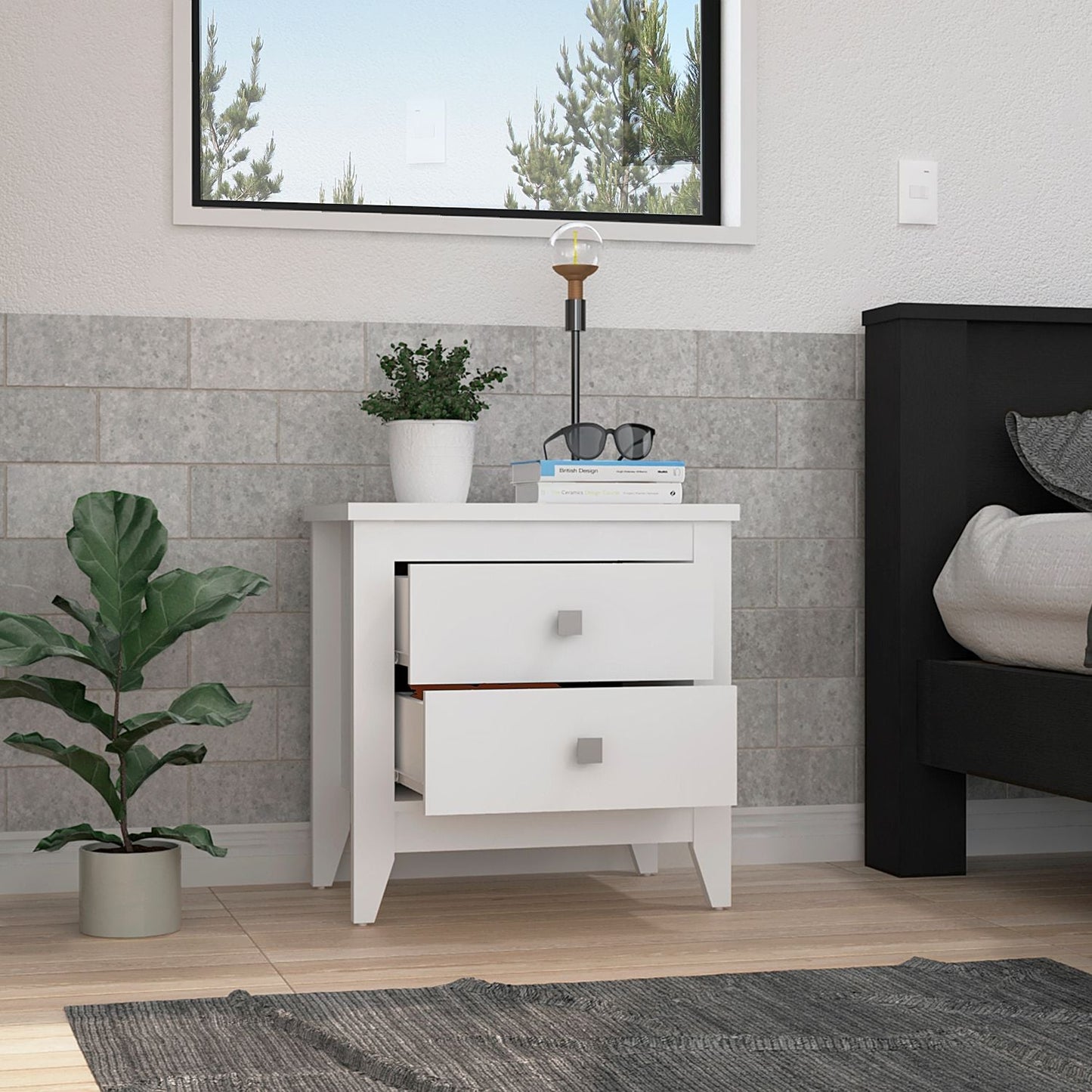 Modern white twodrawer nightstand with silver square knobs