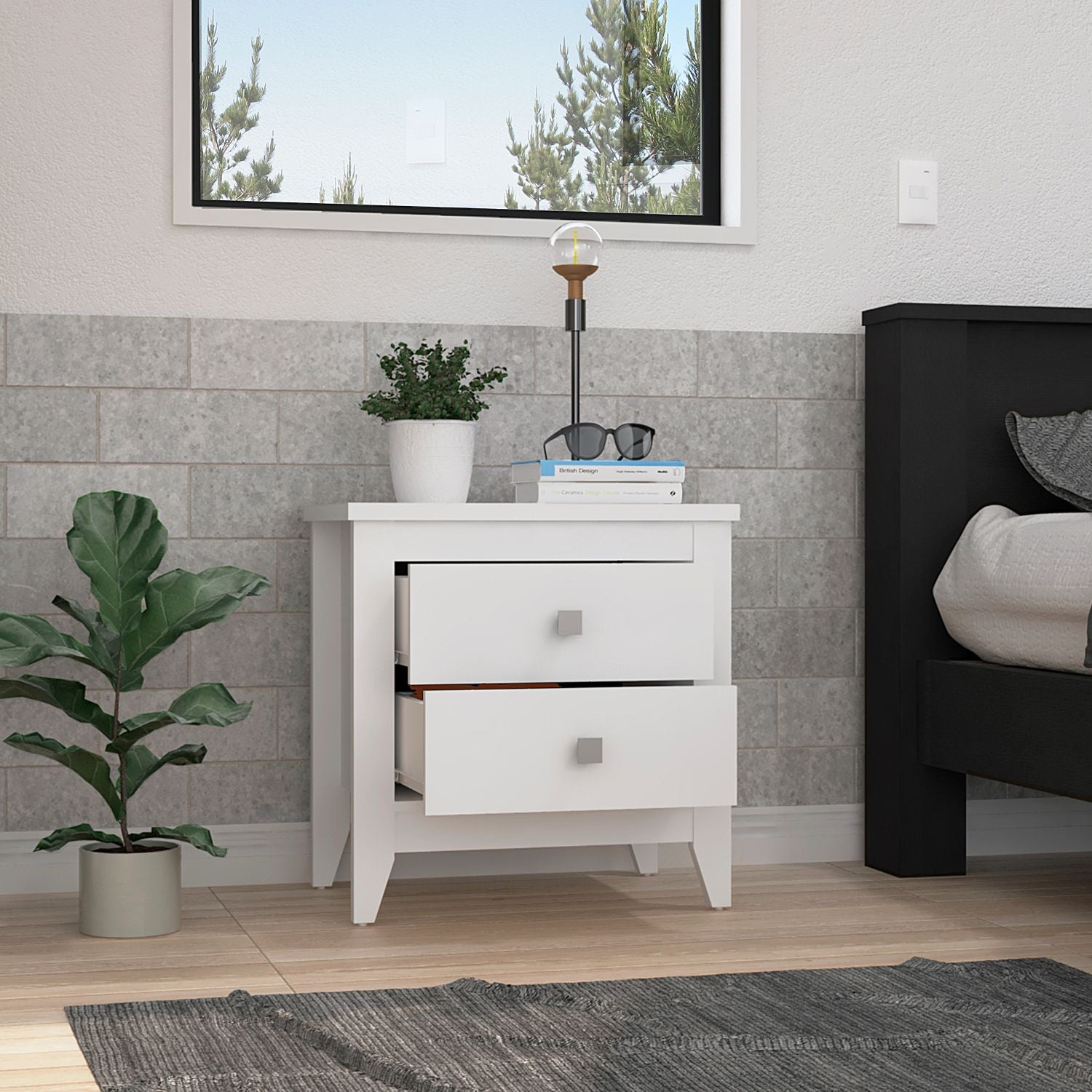 Modern white twodrawer nightstand with silver square knobs