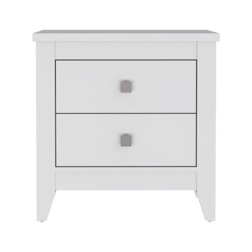 Modern white twodrawer nightstand with silver square knobs
