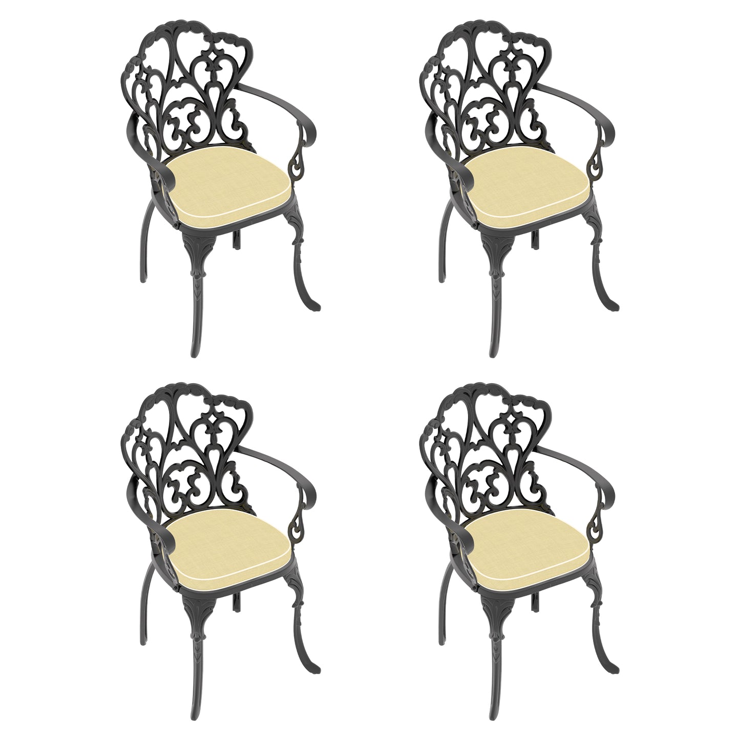 Ornate black cast iron armchair with beige cushion perfect for patio seating