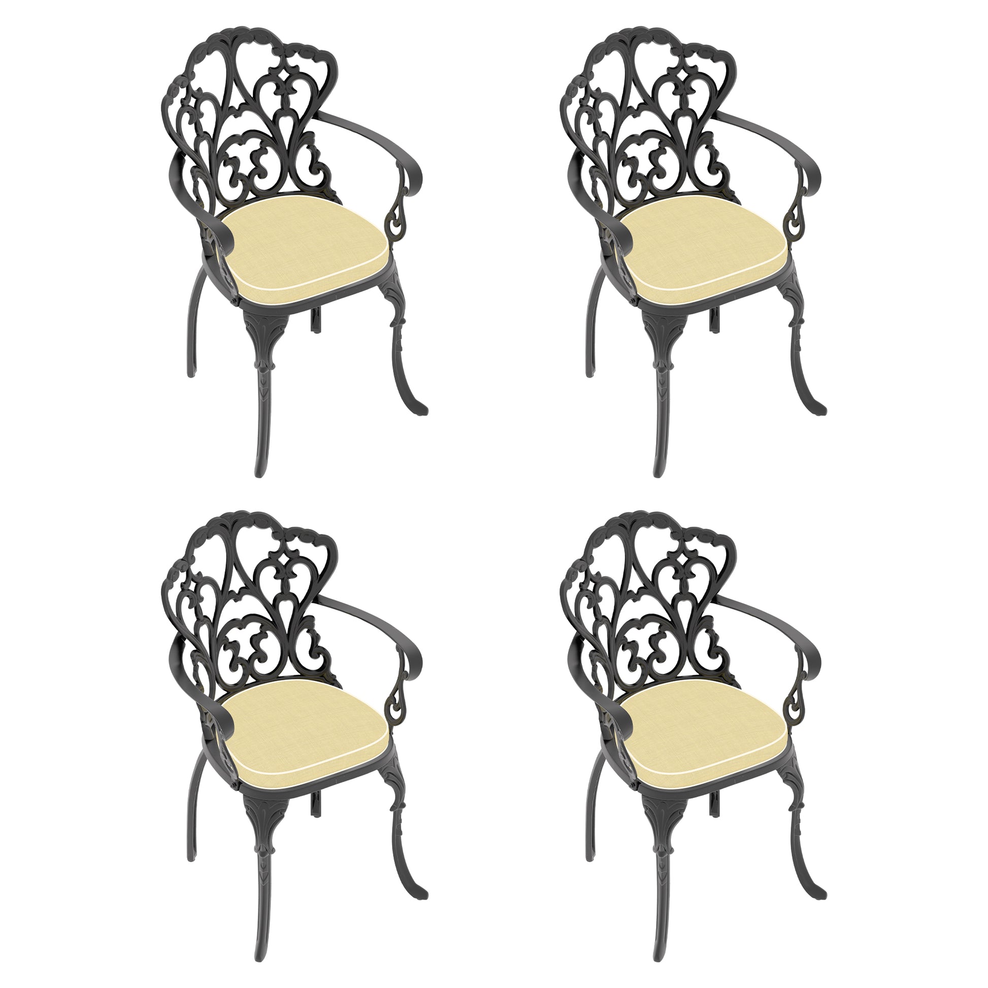 Ornate black cast iron armchair with beige cushion perfect for patio seating