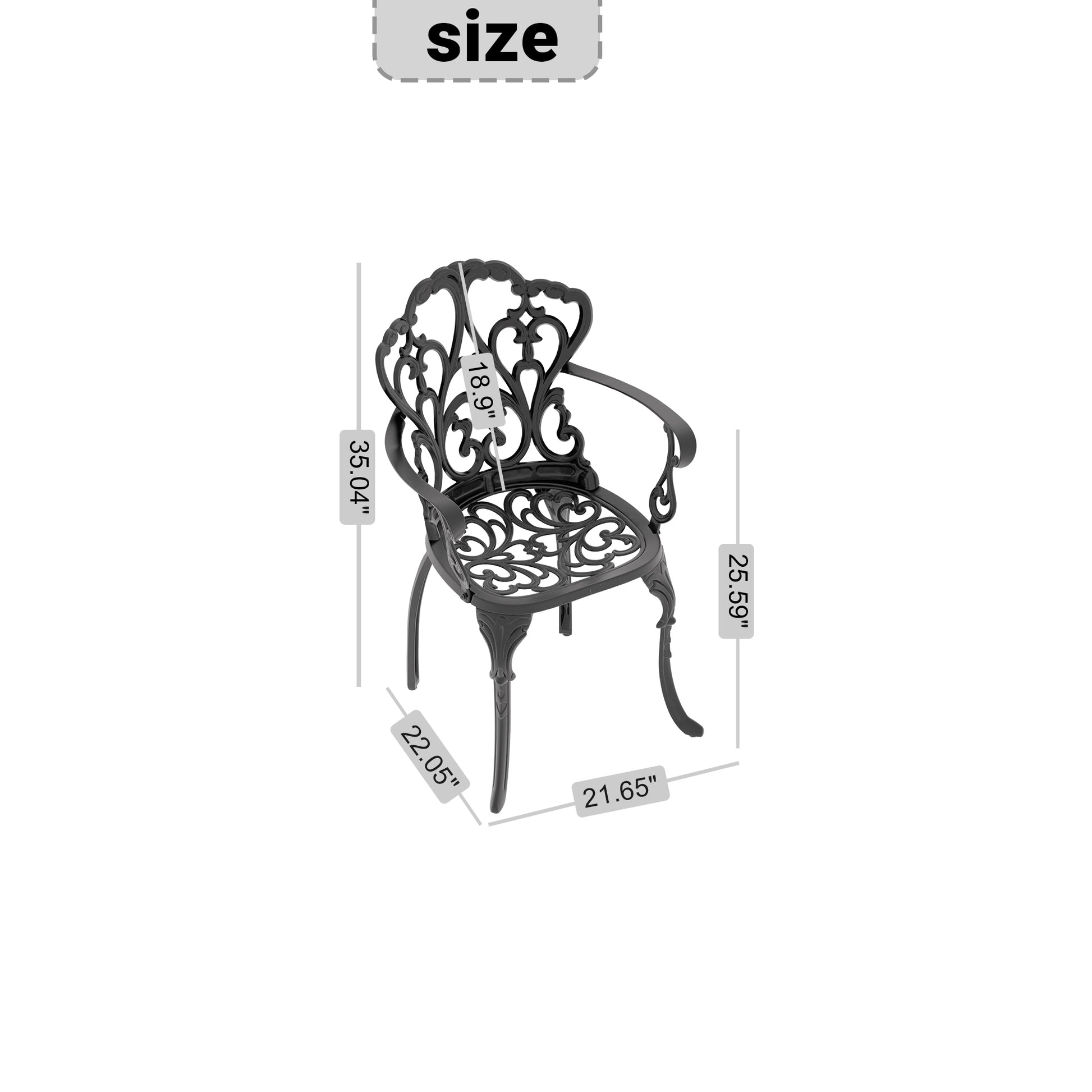 Ornate black cast aluminum garden chair with scrollwork details