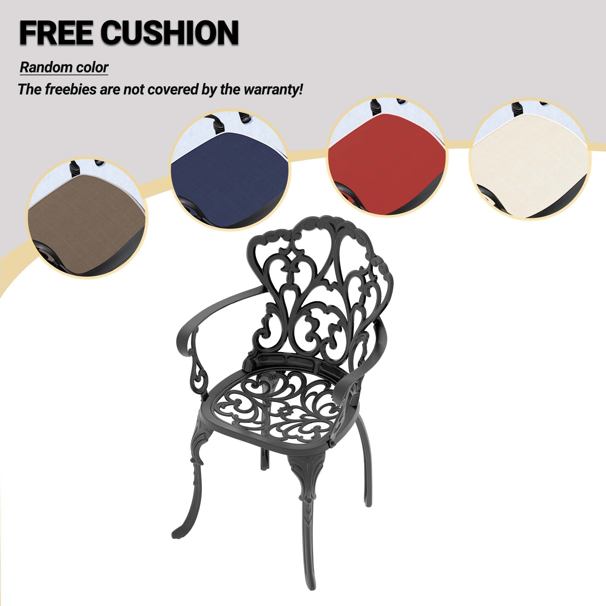 Black ornate cast aluminum patio chair with openwork design
