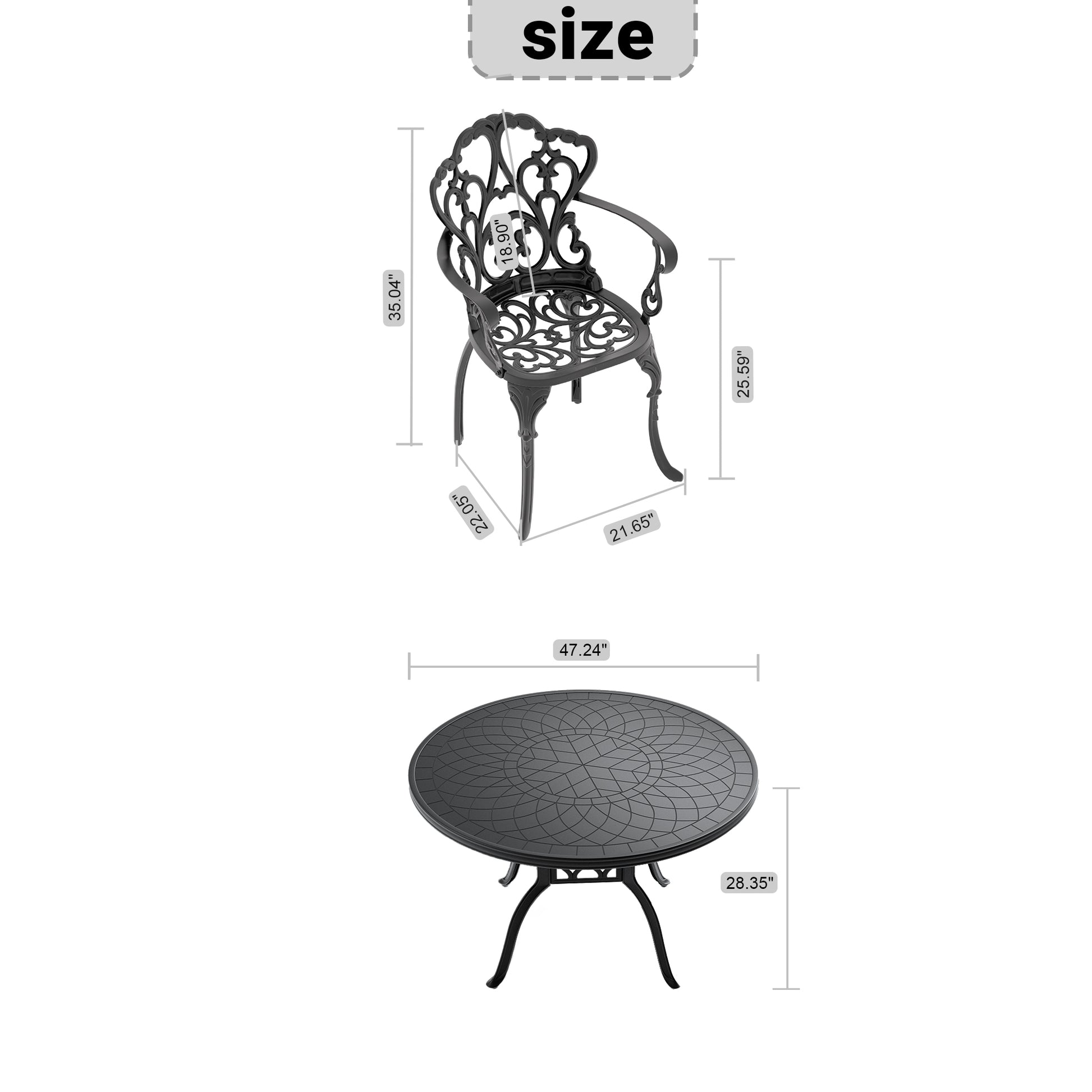Black ornate cast iron patio chair with detailed scrollwork and armrests