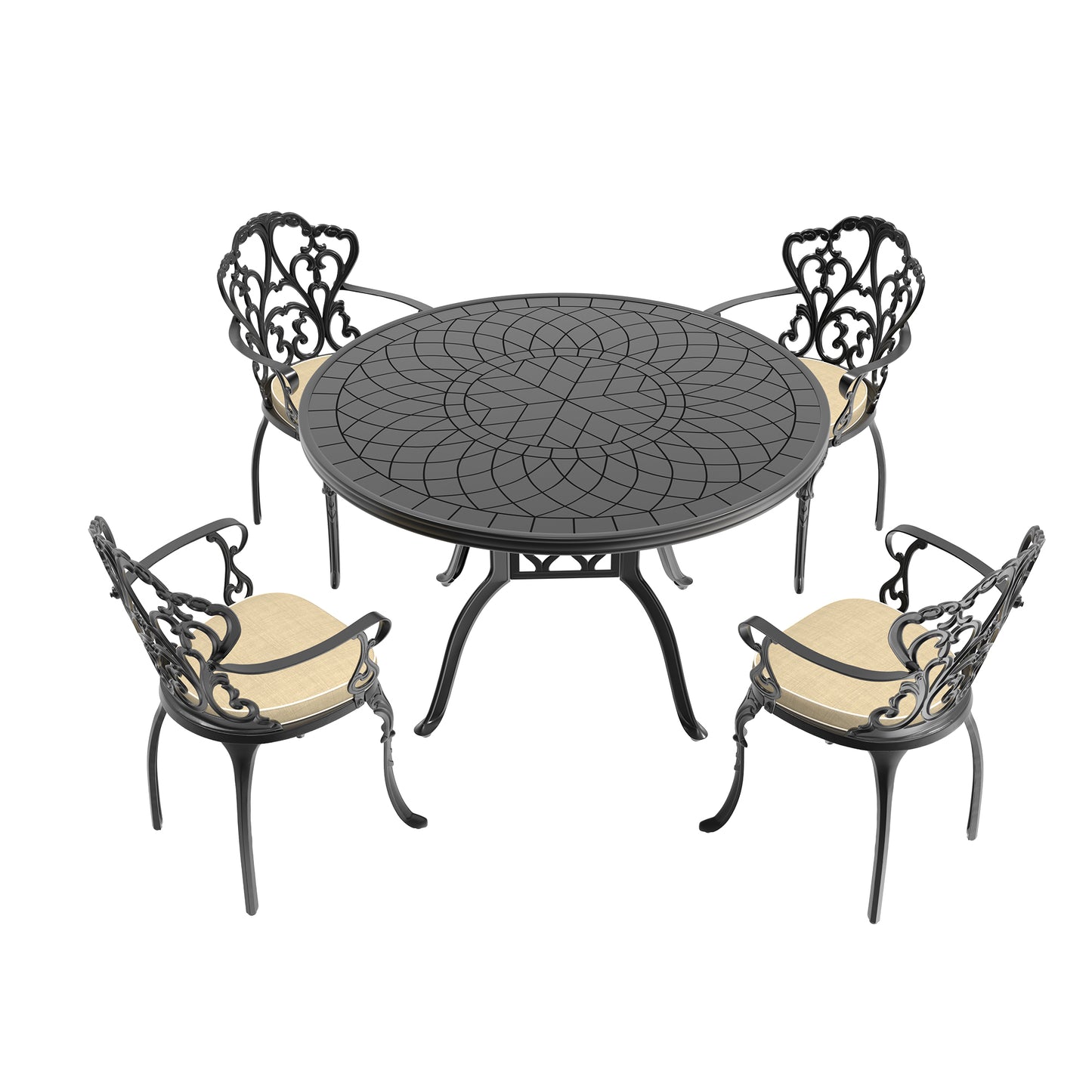 Ornate black cast aluminum patio dining set with  chairs and round table