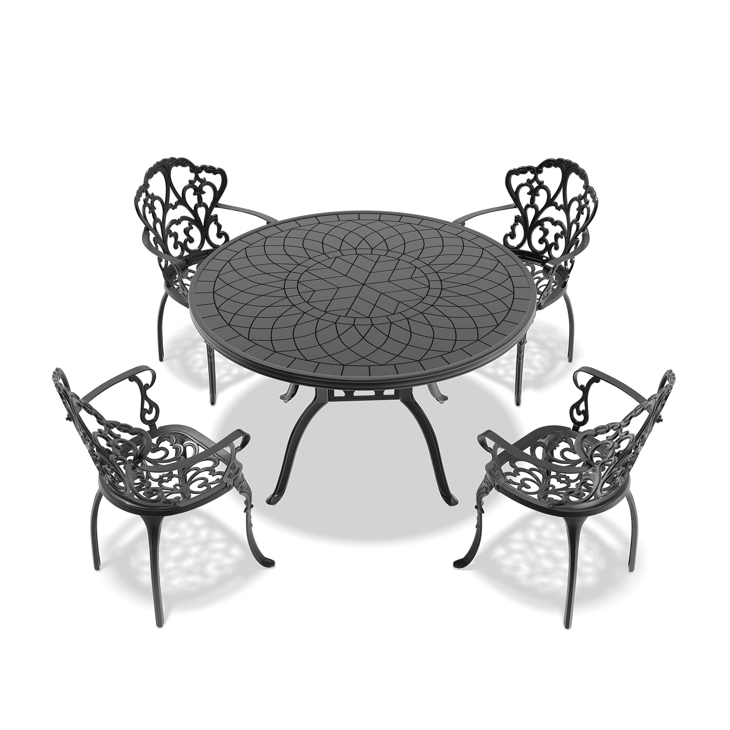 Black ornate cast iron patio set with round table and four chairs