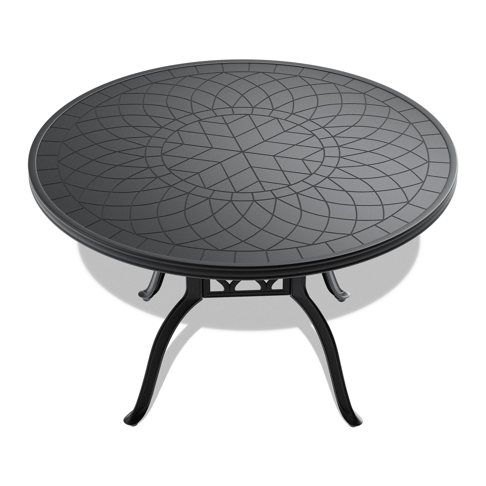 Round black metal bistro table with intricate geometric pattern on surface
