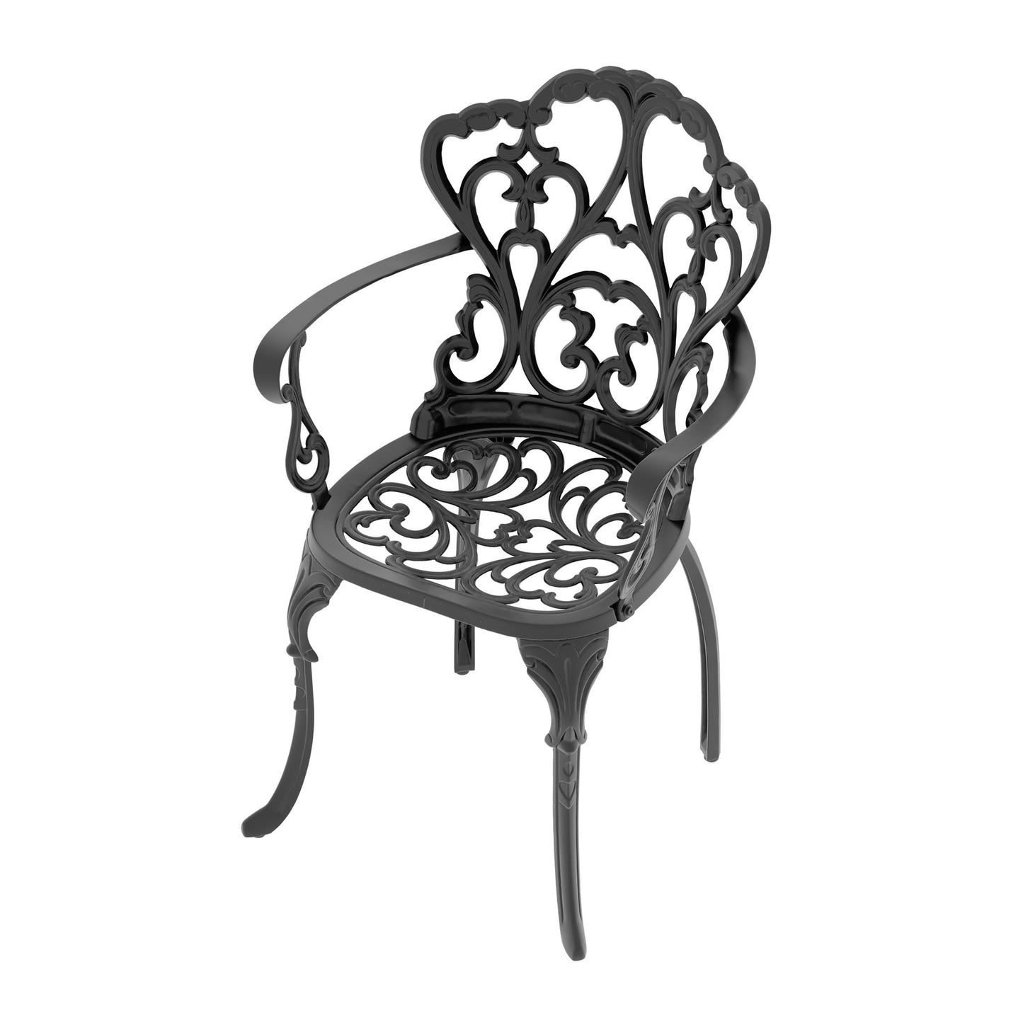 Black ornate cast iron outdoor chair with scrolling filigree design