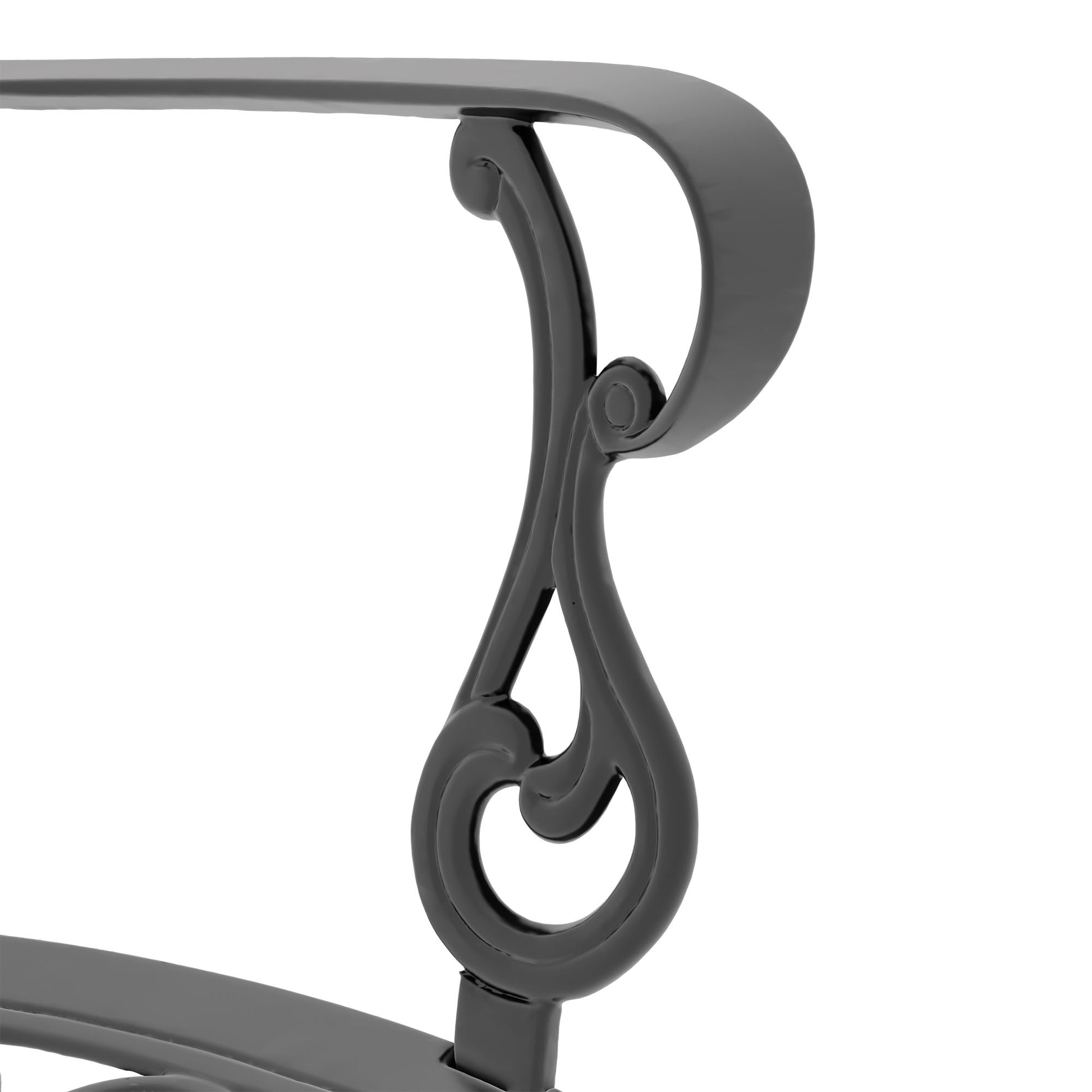 Black metal scroll detail on a decorative bench arm