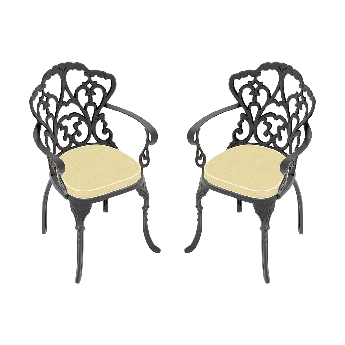 Ornate black cast iron patio chairs with pale yellow cushions