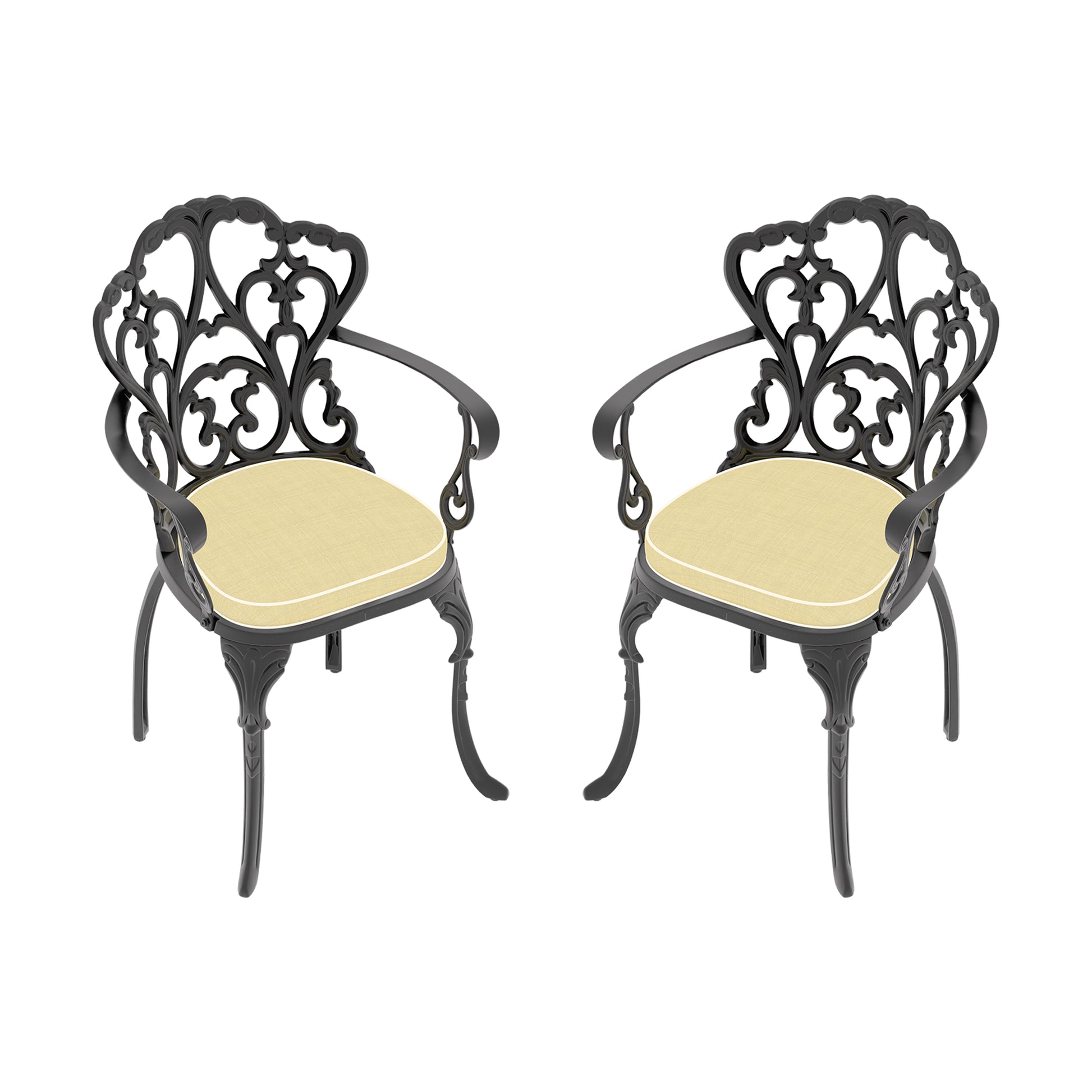 Ornate black cast iron patio chairs with pale yellow cushions