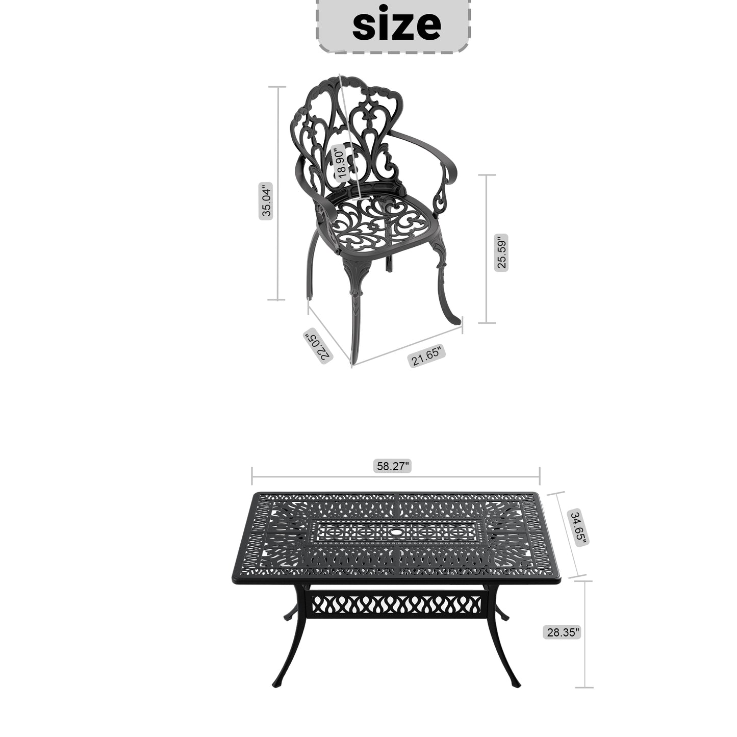 Black ornate cast aluminum patio chair with curved arms and intricate detailing  H x  W
