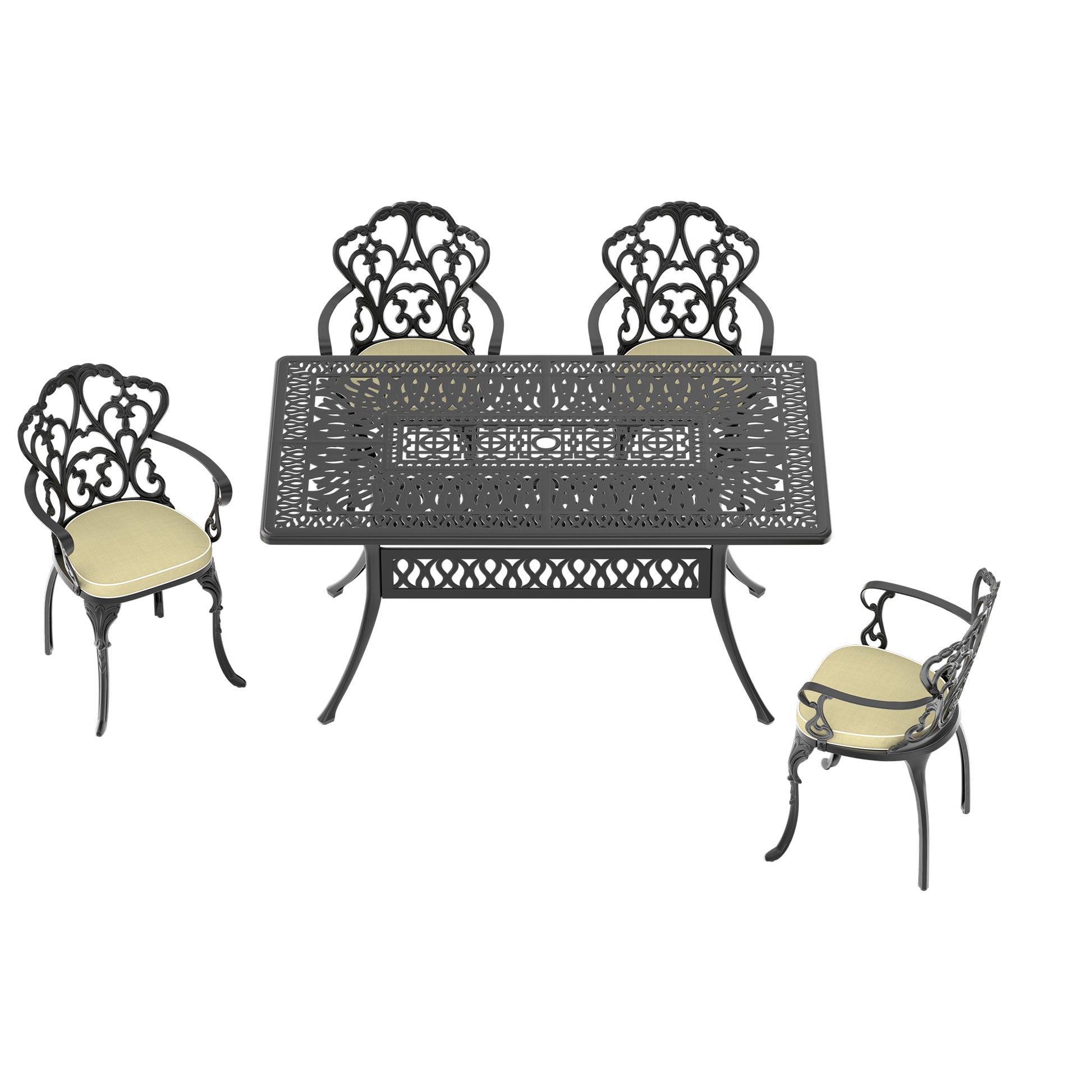 Black ornate cast aluminum patio dining set with upholstered seats