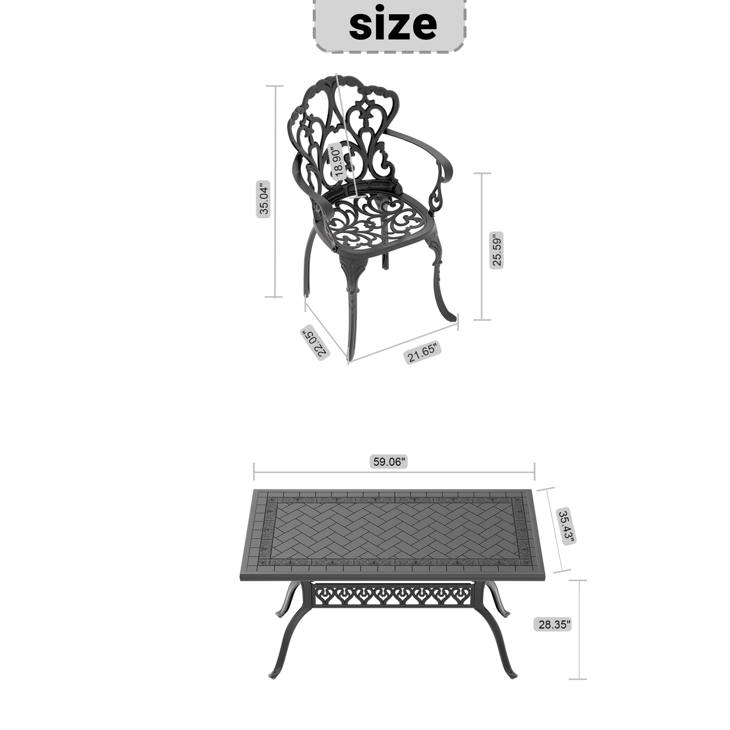 Ornate black cast aluminum patio chair with detailed scrollwork