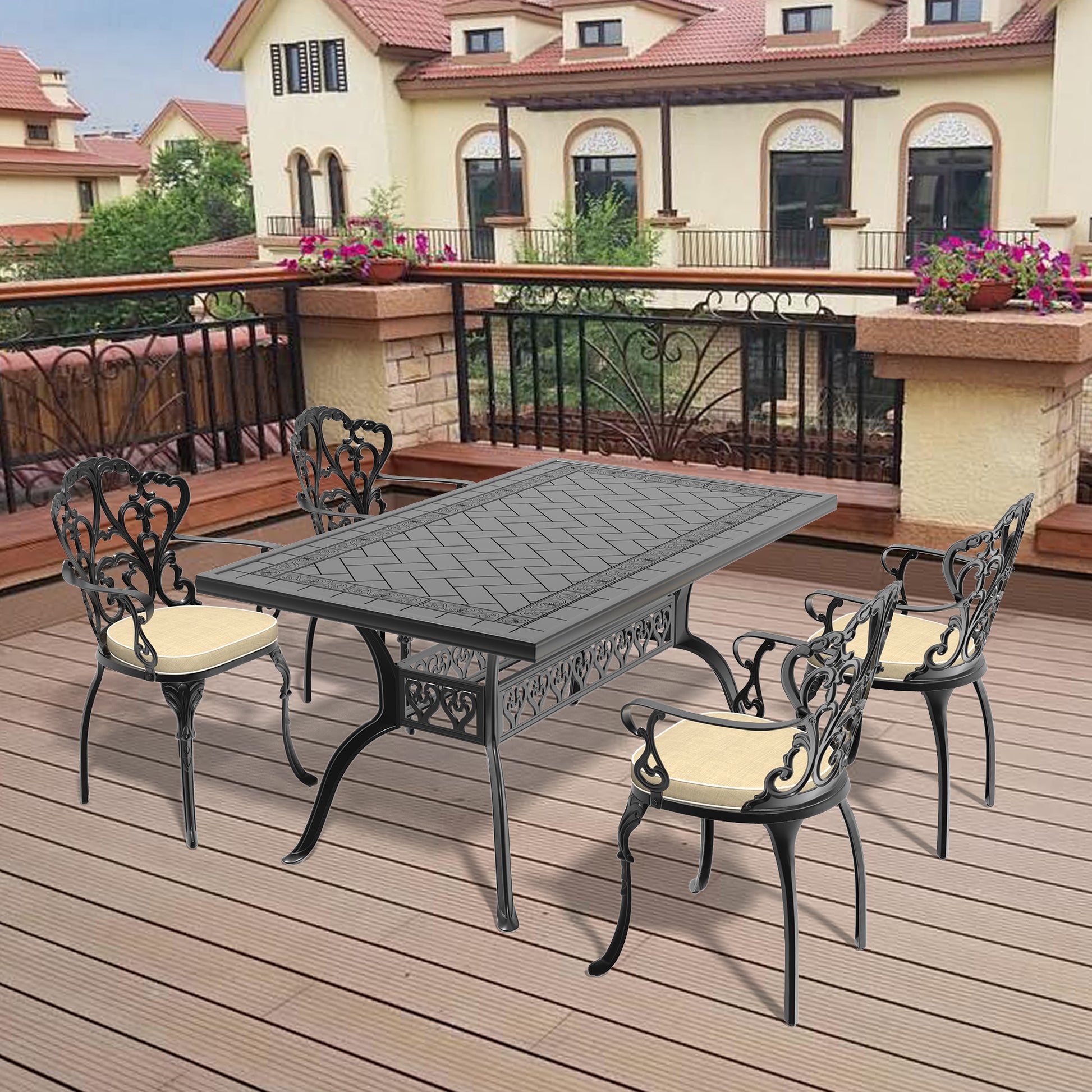 Ornate black cast iron patio dining set with beige cushions for outdoor entertaining