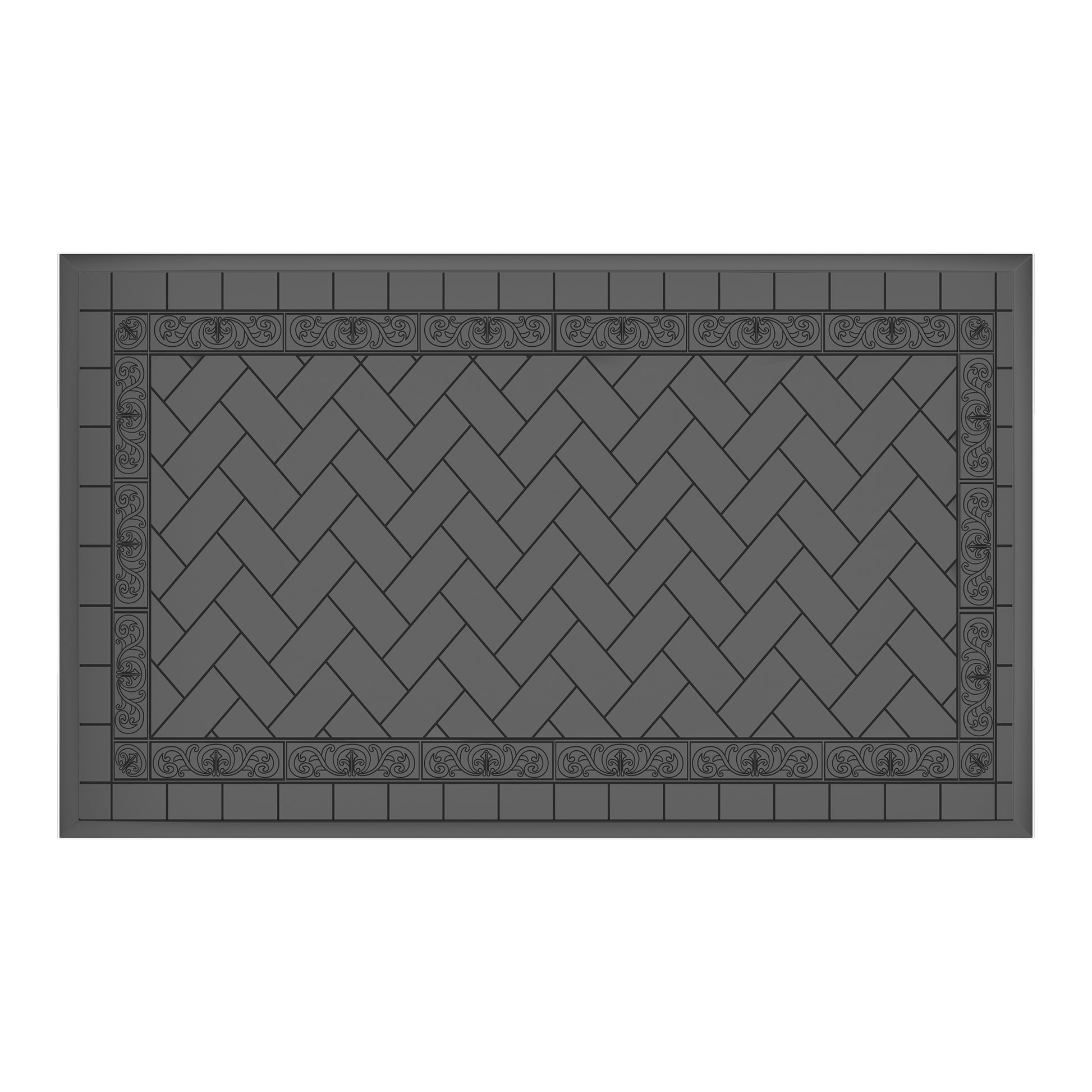 Dark gray rectangular mat with ornate scroll border and herringbone pattern
