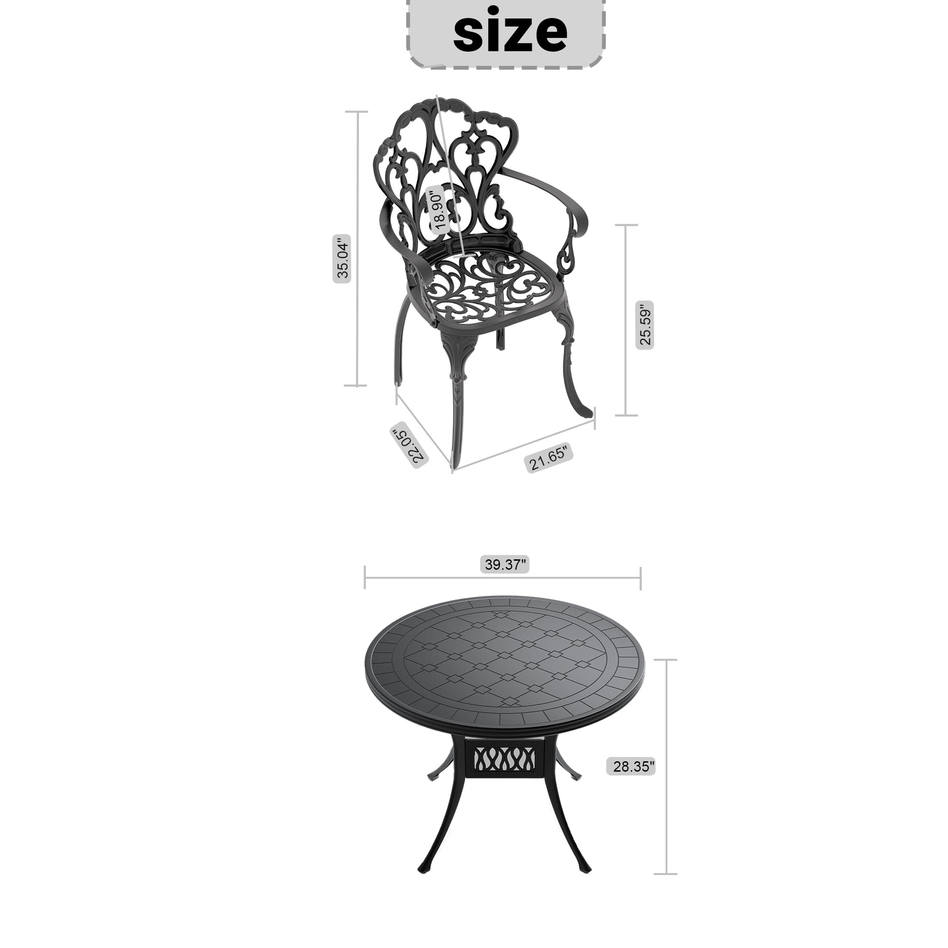 Black ornate cast aluminum patio chair with detailed back design
