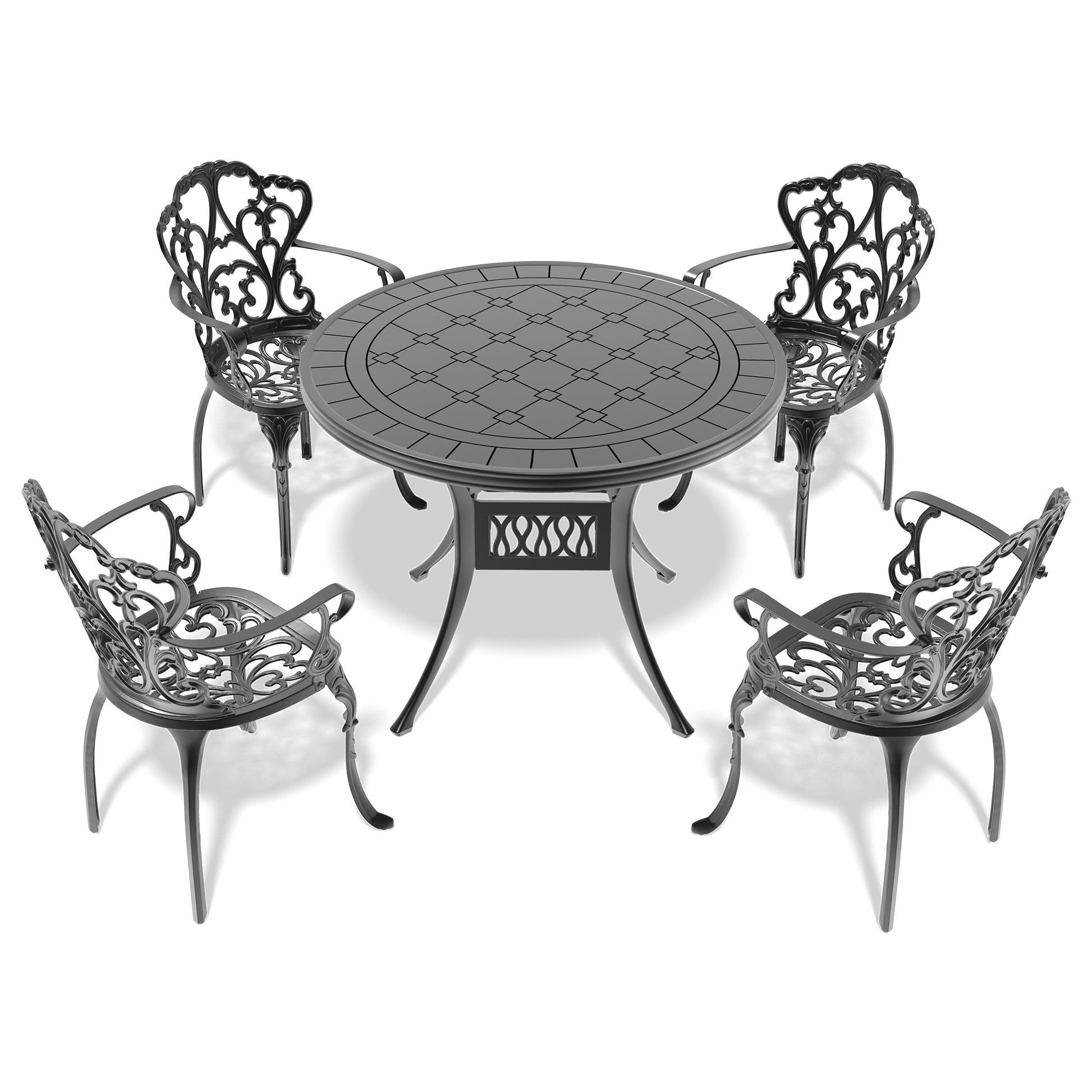 Dark grey ornate cast aluminum patio set with round table and four chairs