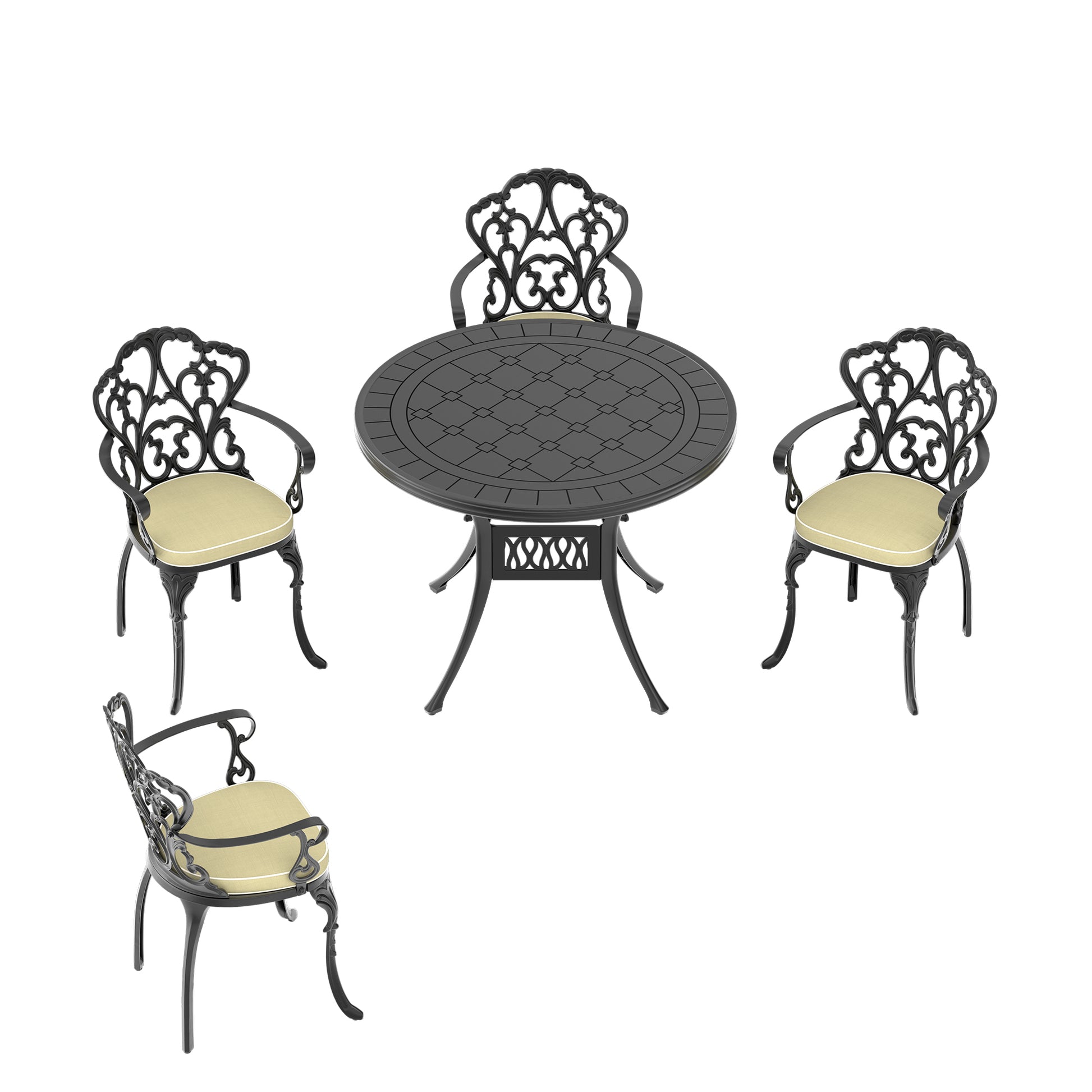 Black ornate cast aluminum patio dining set with light beige cushions