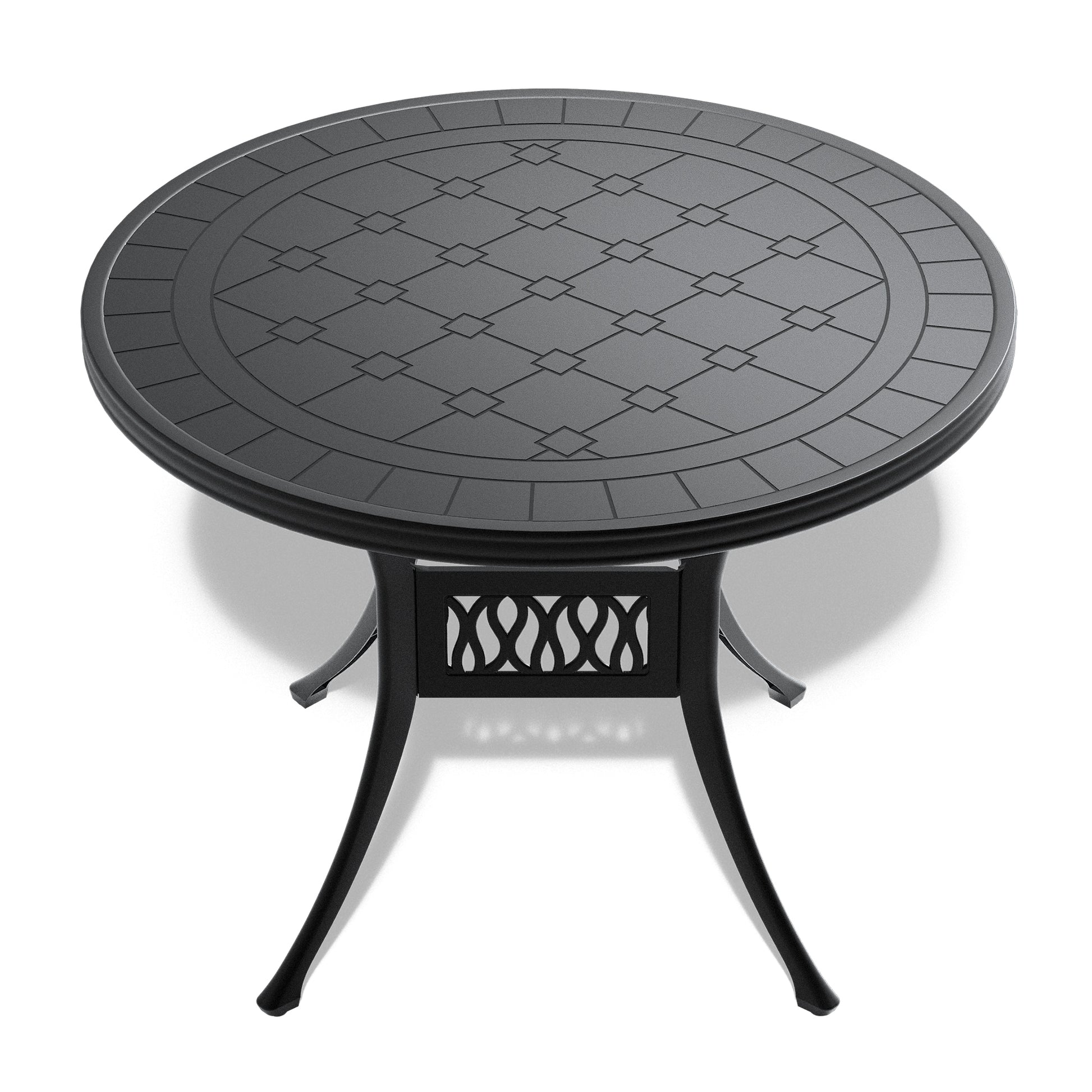 Black round metal bistro table with decorative patterned top