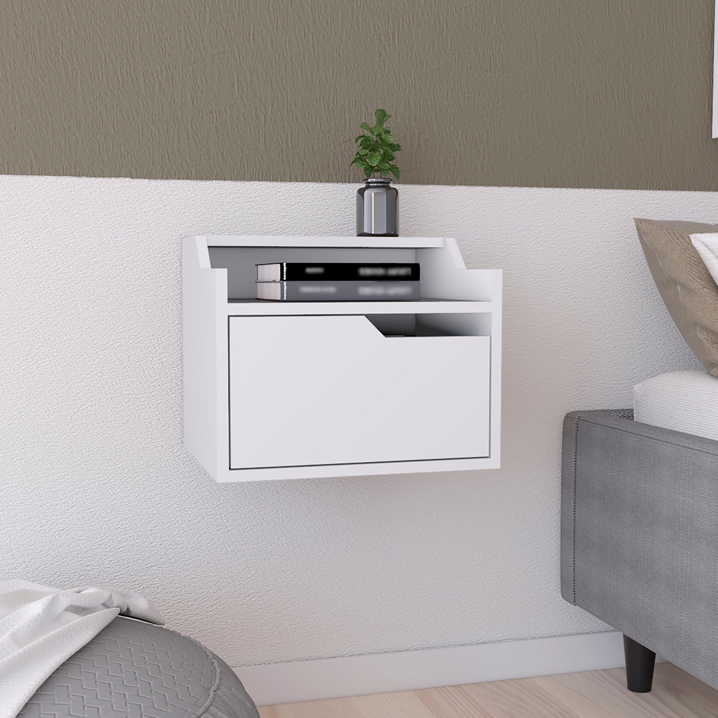 White floating nightstand with drawer and open shelf