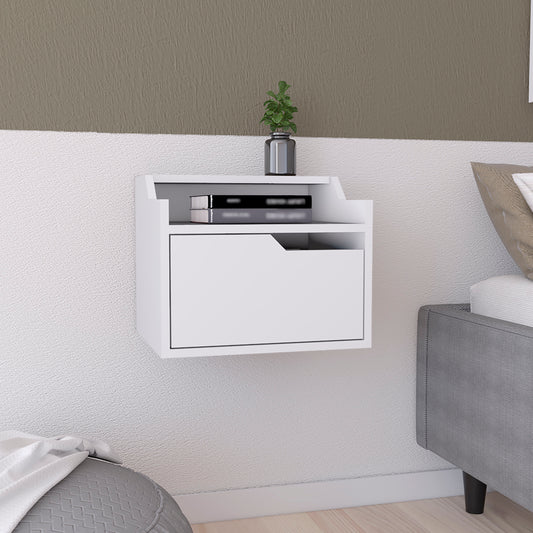 White floating nightstand with drawer and open shelf