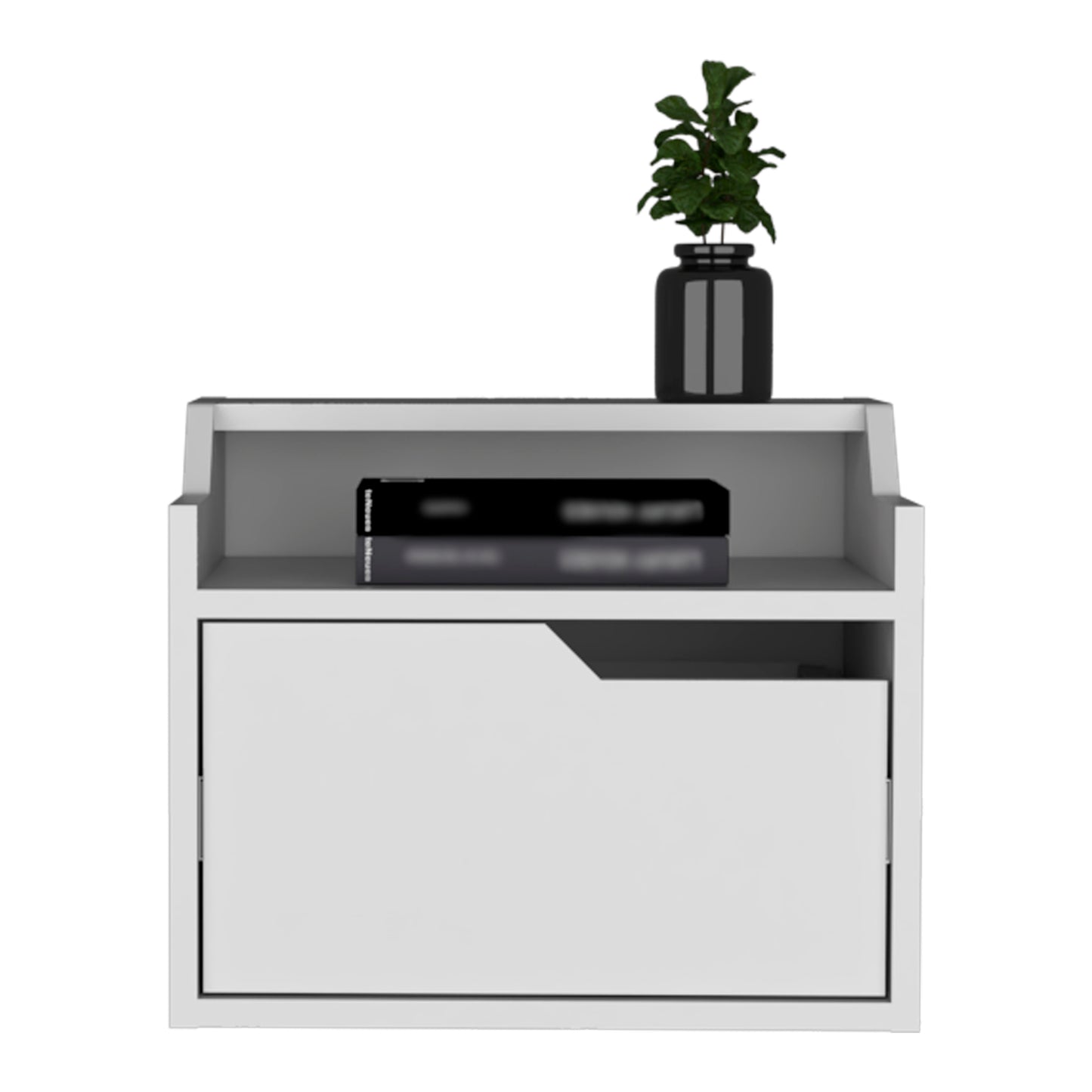 White modern nightstand with one drawer and open shelf holding books