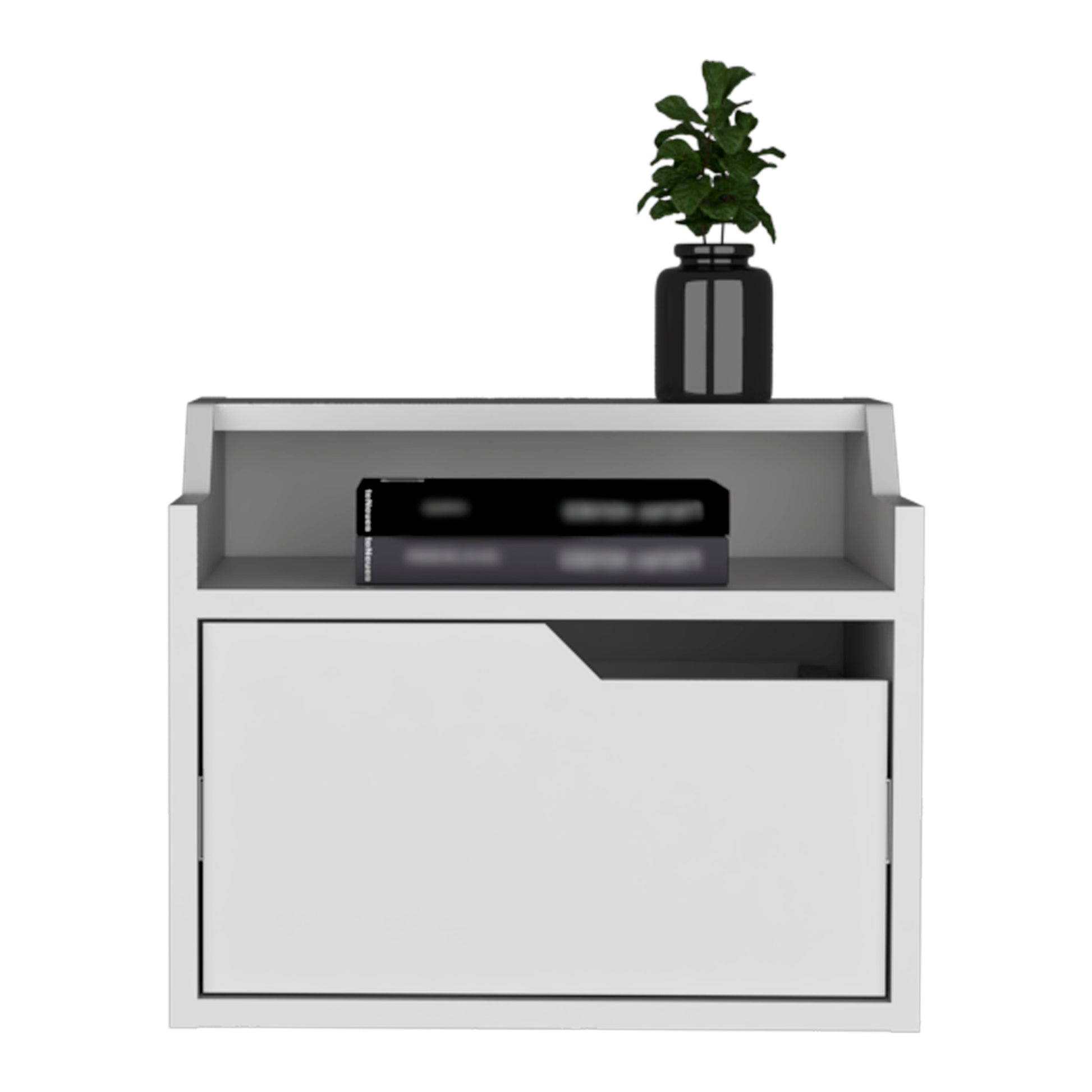 White modern nightstand with one drawer and open shelf holding books