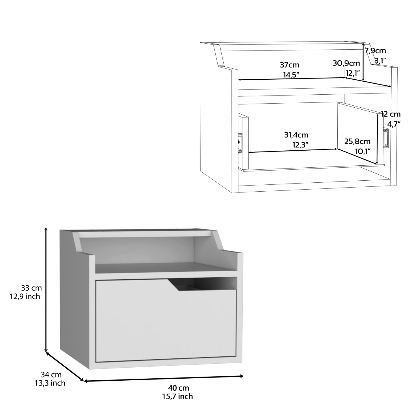 White bedside table with one drawer and open shelf