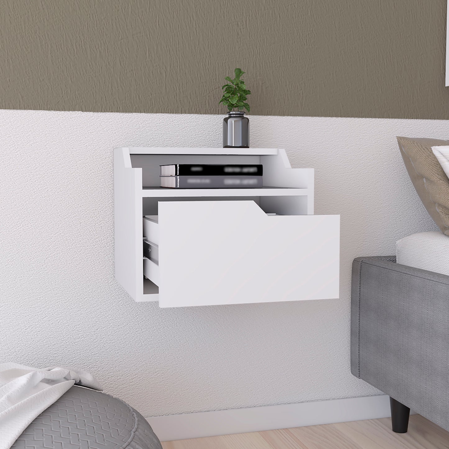 Minimalist white floating nightstand with a single drawer and shelf