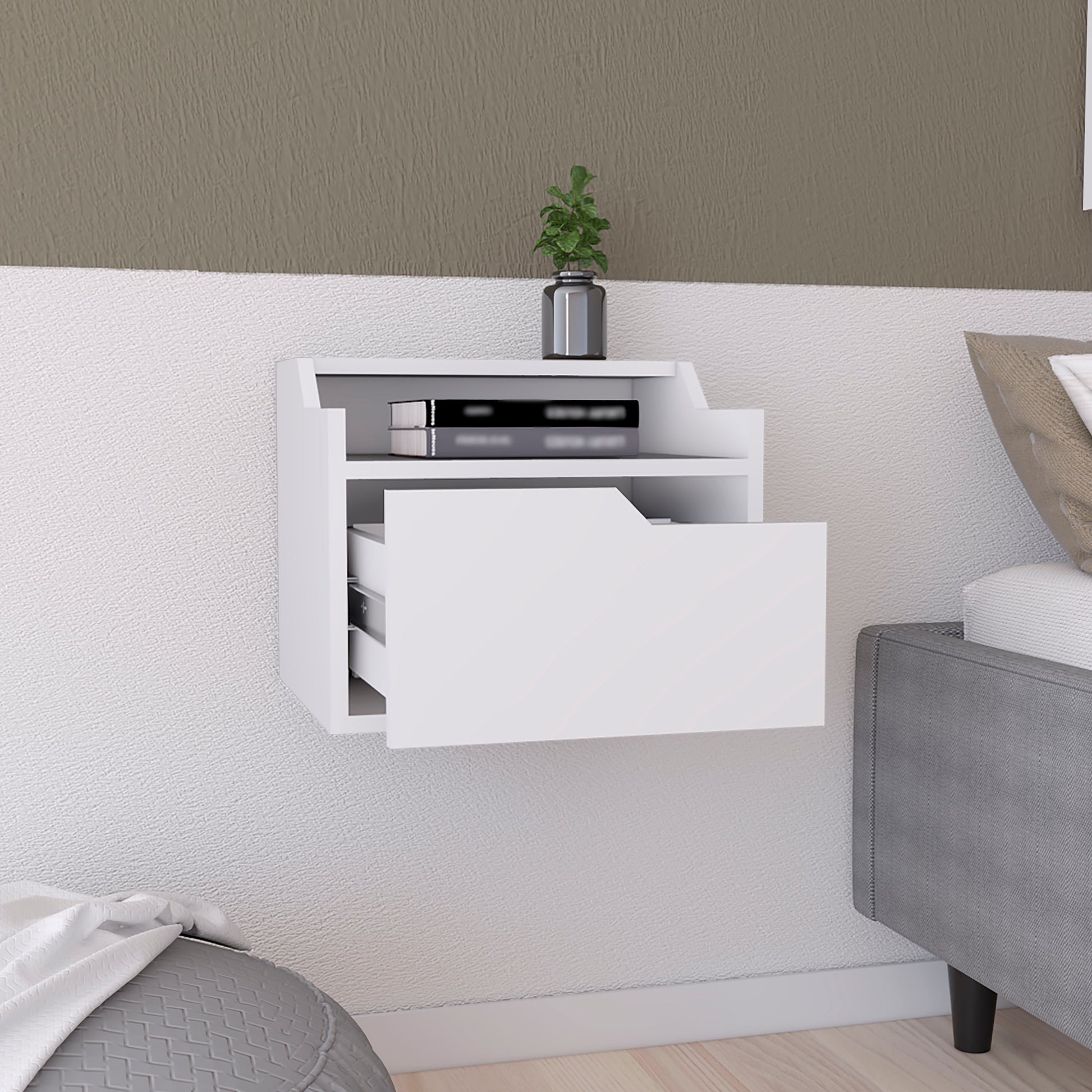 Minimalist white floating nightstand with a single drawer and shelf