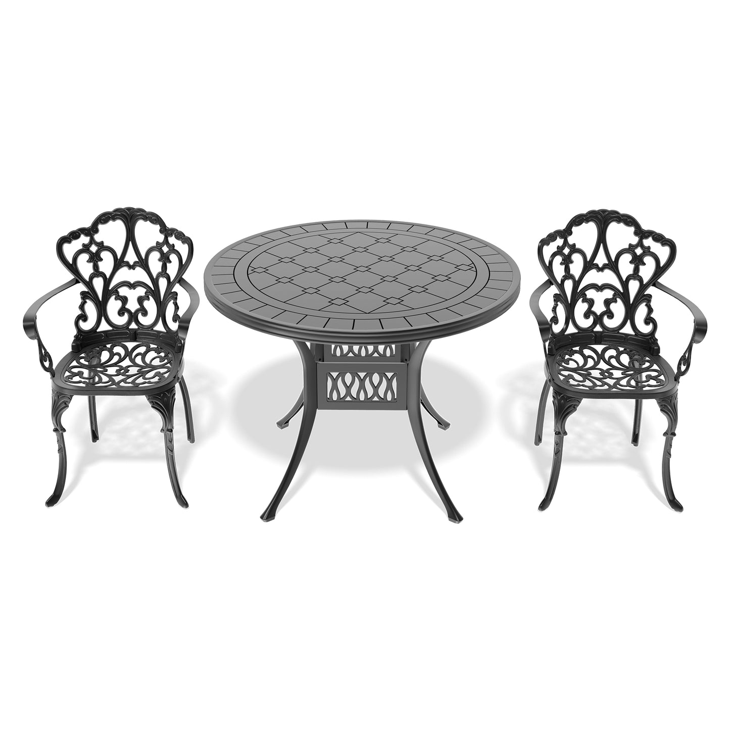 Black cast aluminum patio set with ornate chairs and round table
