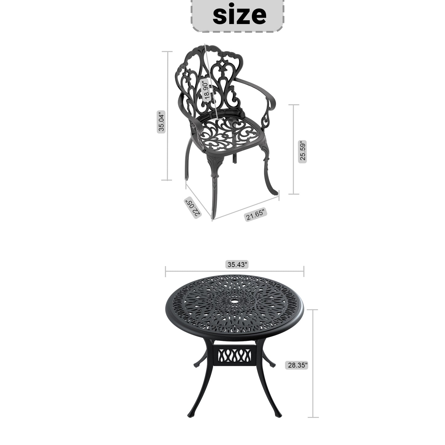 Ornate black cast aluminum patio chair with scrollwork design  H
