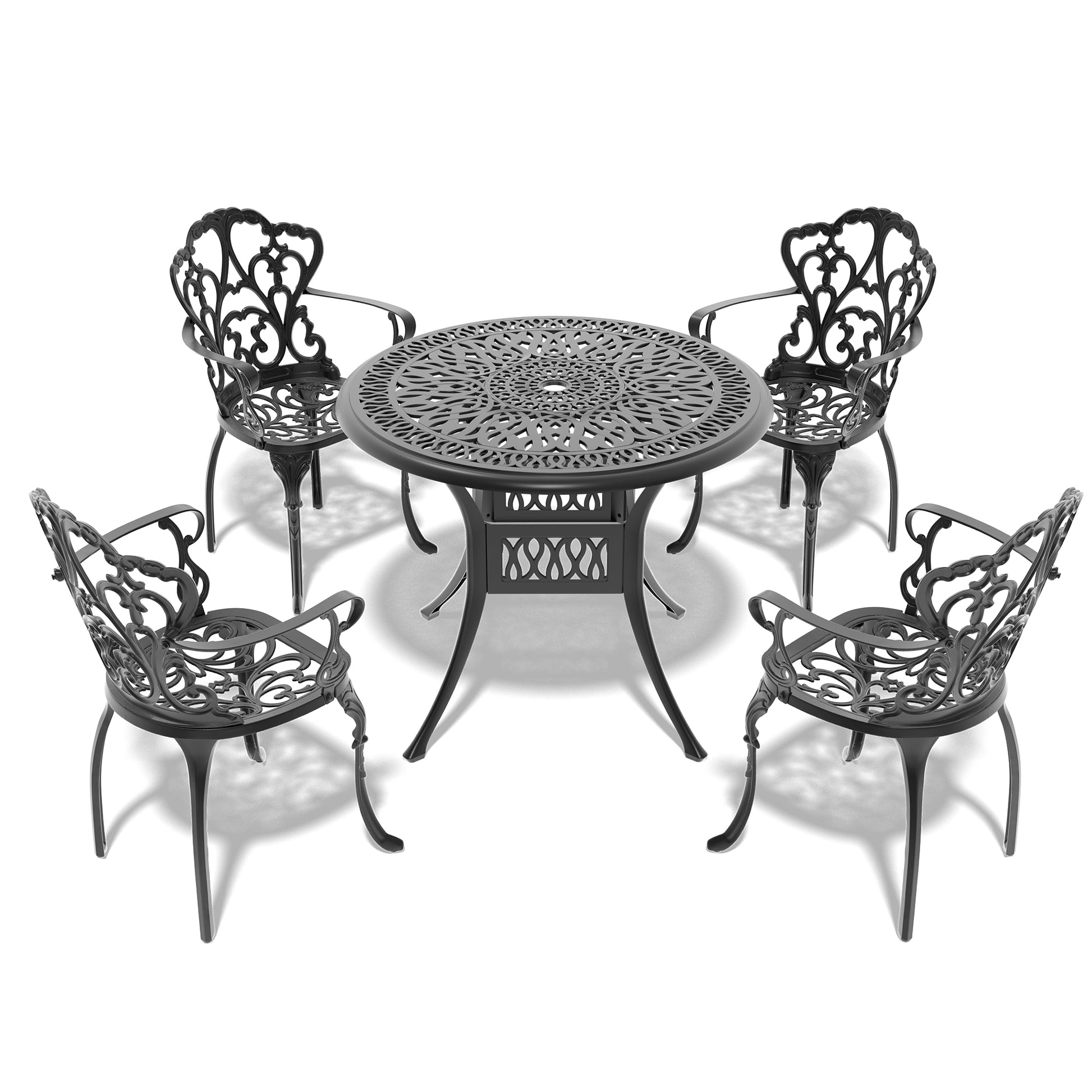 Black ornate cast aluminum patio dining set with round table and four chairs