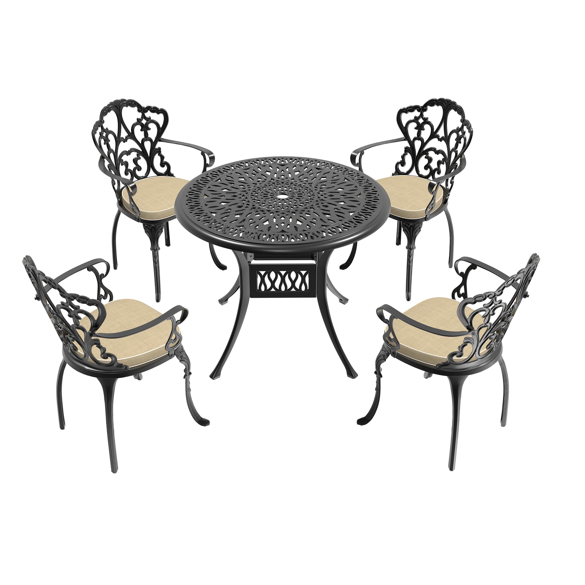 Black ornate cast iron patio dining set with four chairs and round table