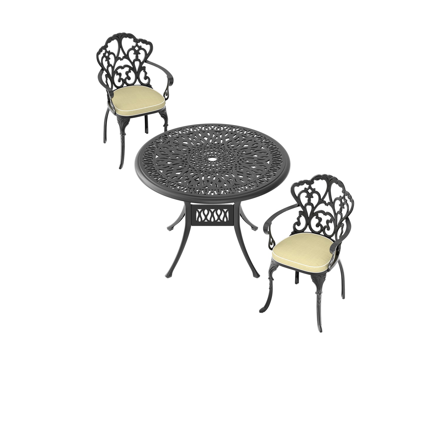 Black cast iron garden bistro set with ornate detailing and cream cushions