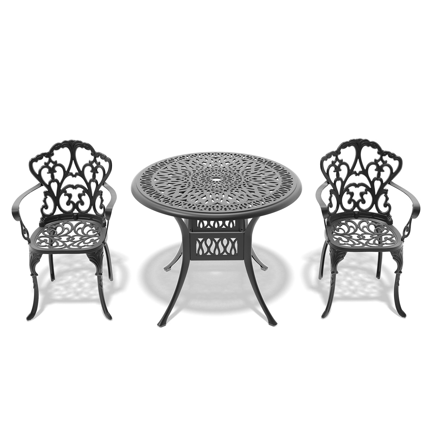 Black cast iron bistro set with ornate scrollwork on chairs and table