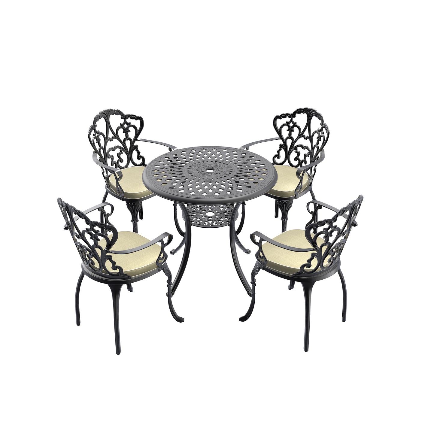 Ornate cast iron patio set with cream cushions ideal for outdoor dining